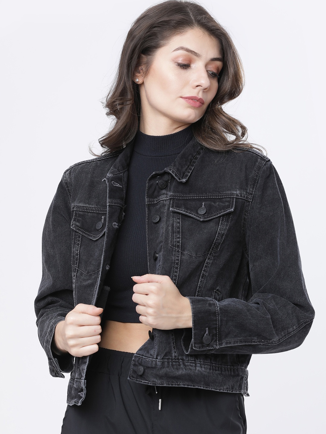 

Tokyo Talkies Women Charcoal Grey Solid Denim Jacket