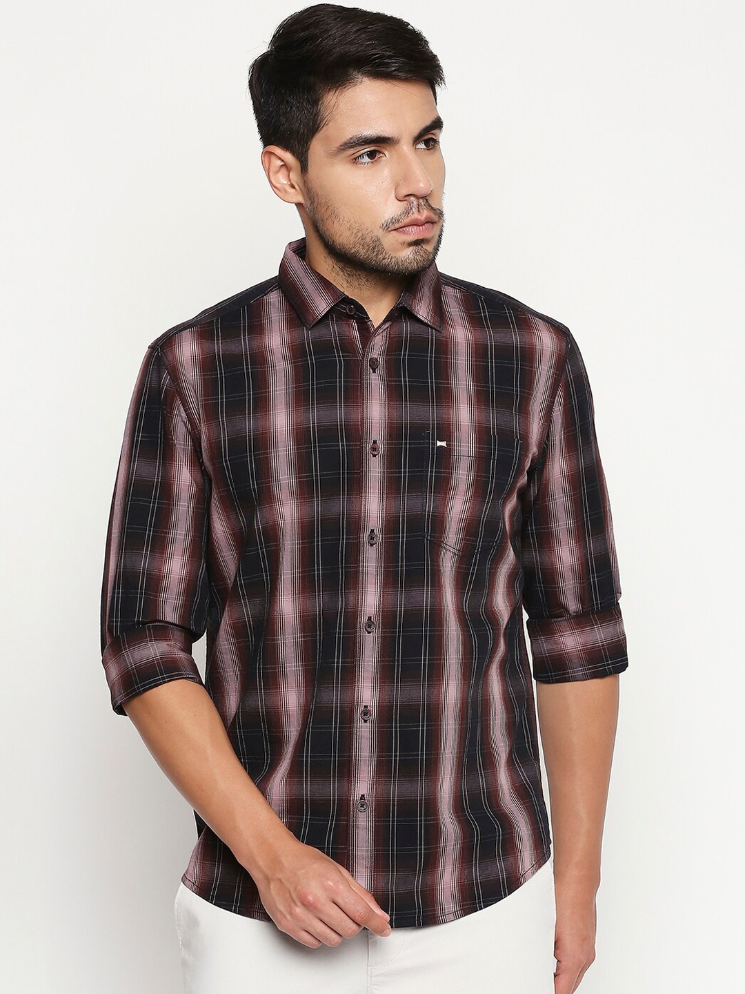 Basics Men Maroon & Brown Regular Fit Checked Casual Shirt