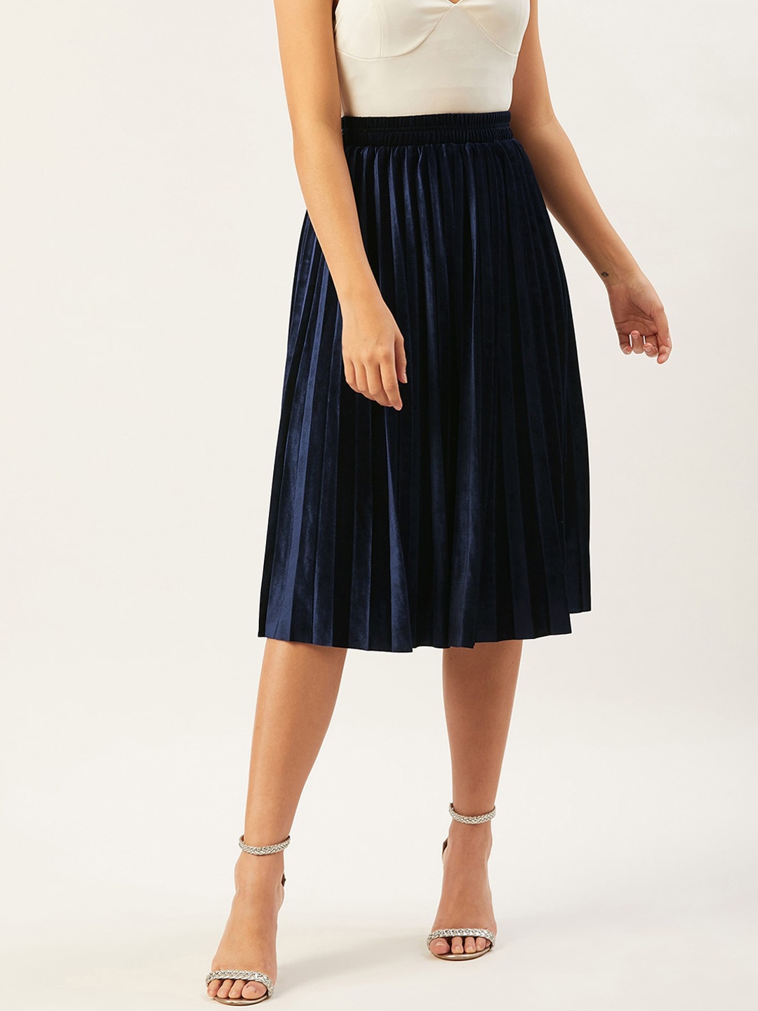 

ANVI Be Yourself Women Navy Blue Solid Pleated A-Line Midi Skirt