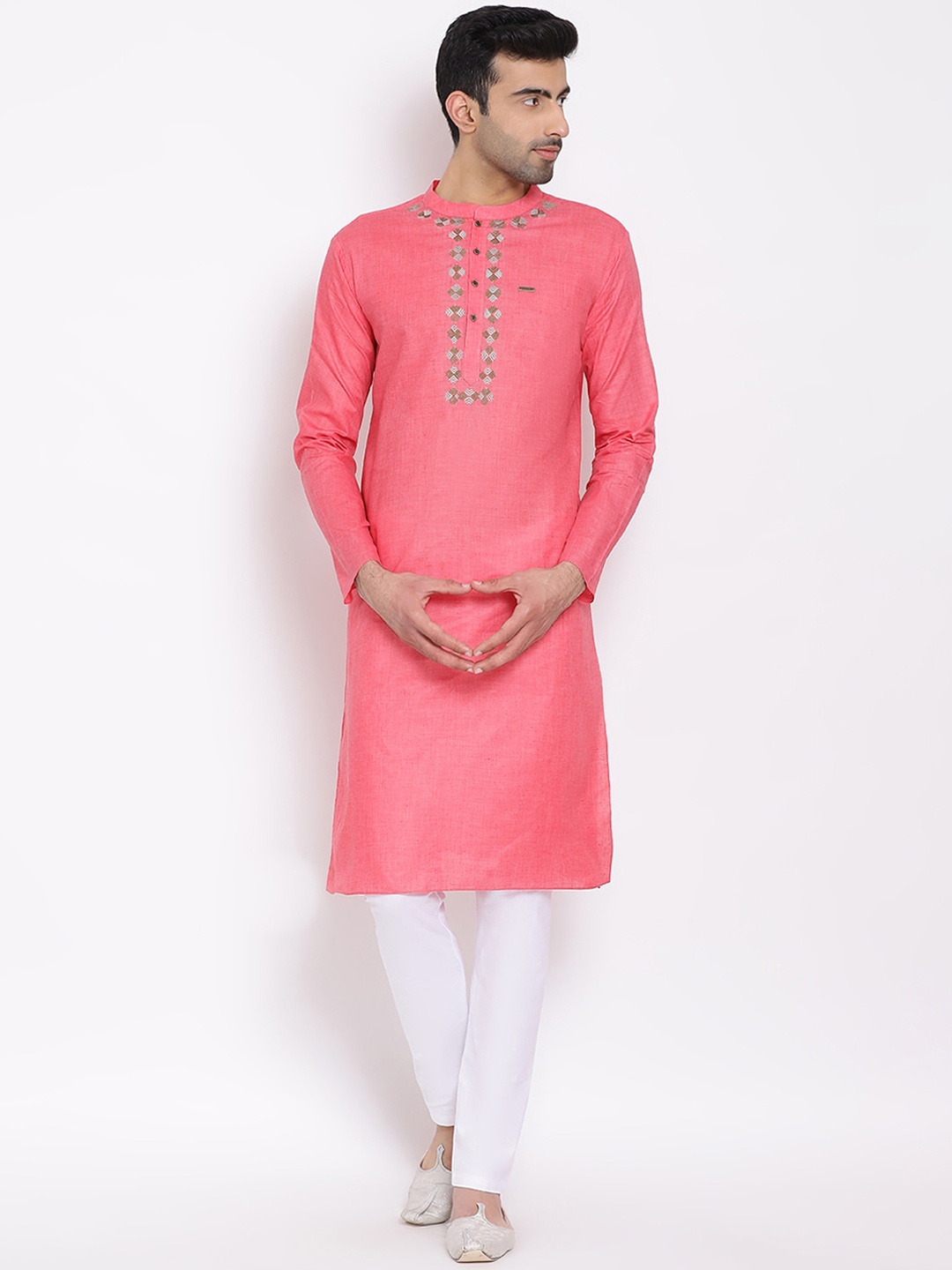 DEVOILER Men Pink Yoke Design Straight Kurta