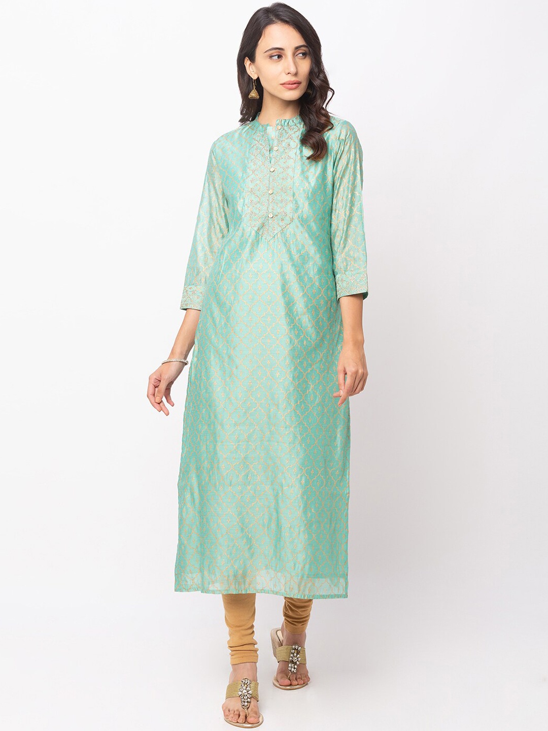 

Globus Women Turquoise Blue & Gold-Coloured Chanderi Silk Printed Straight Kurta