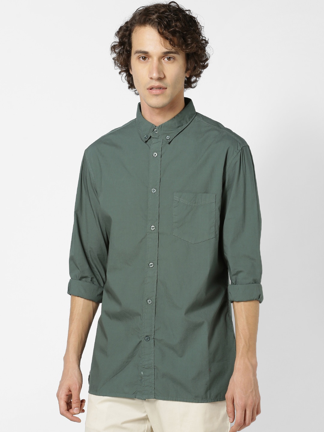 

Celio Men Green Regular Fit Solid Cotton Casual Shirt