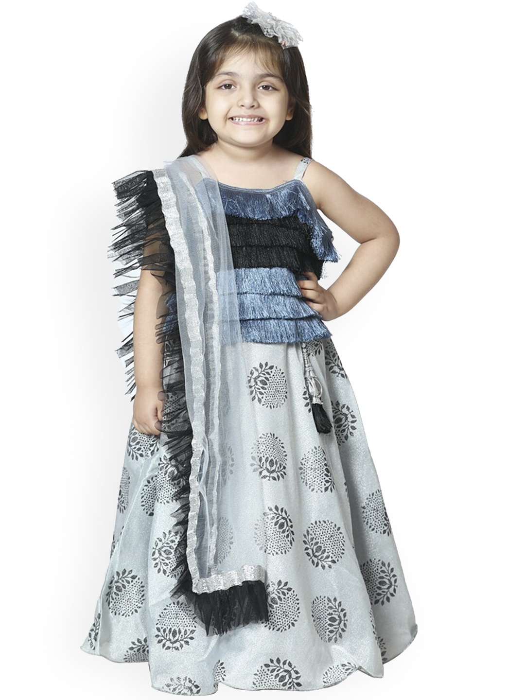 ADIVA Girls Grey & Blue Solid Ready to Wear Lehenga & Blouse with Dupatta