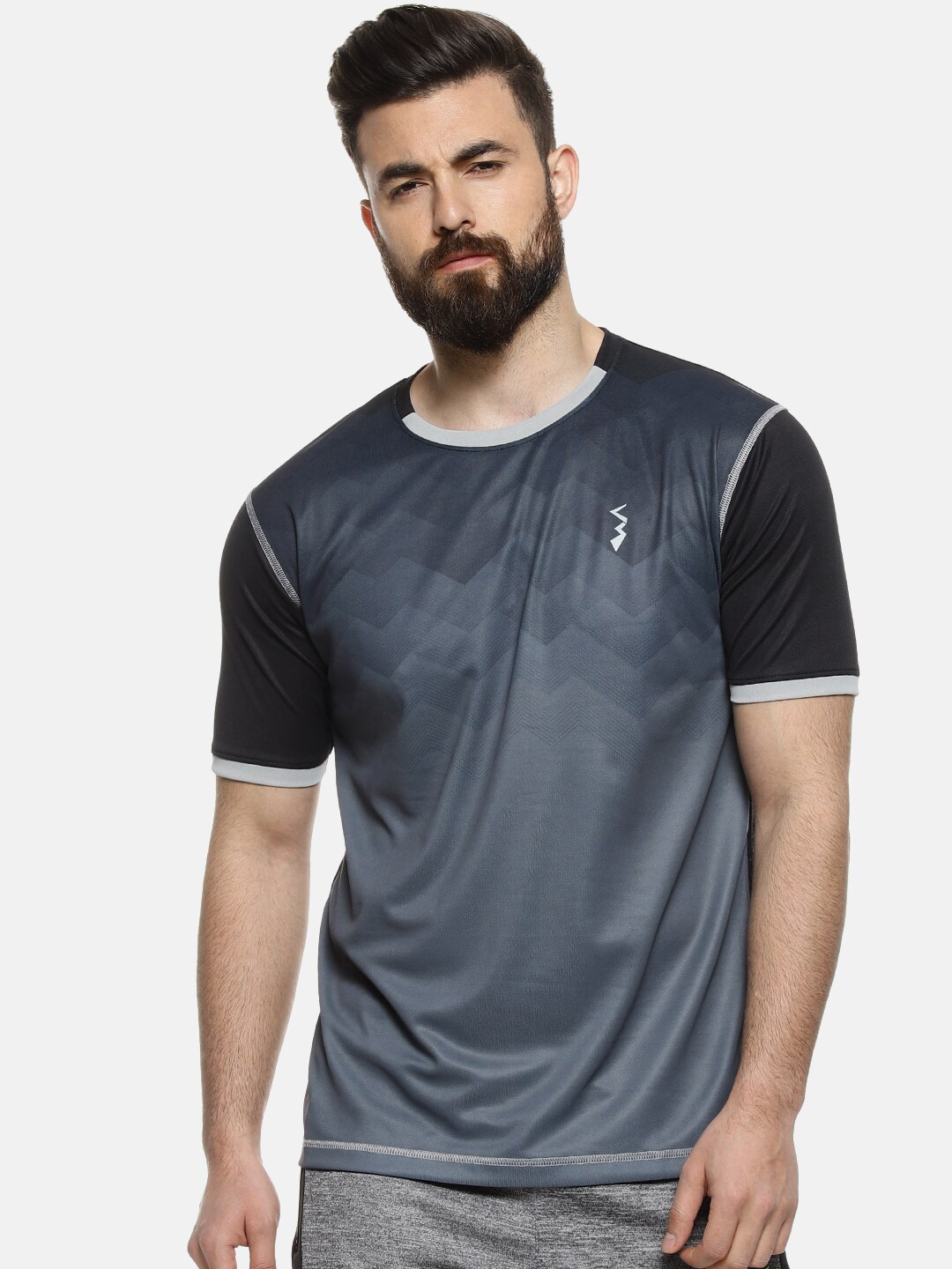 

Campus Sutra Men Black & Grey Colourblocked Round Neck Anti-Microbial T-shirt