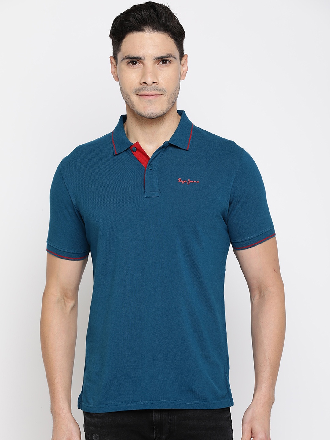 

Pepe Jeans Men Blue Solid Polo Collar T-shirt