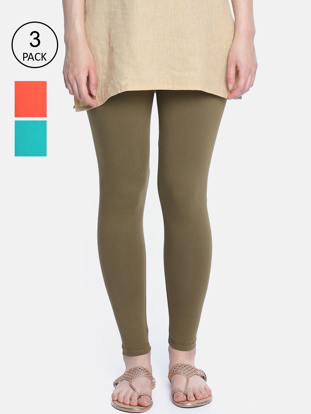 

Dollar Missy Women Pack Of 3 Solid Slim-Fit Ankle-Length Leggings, Olive