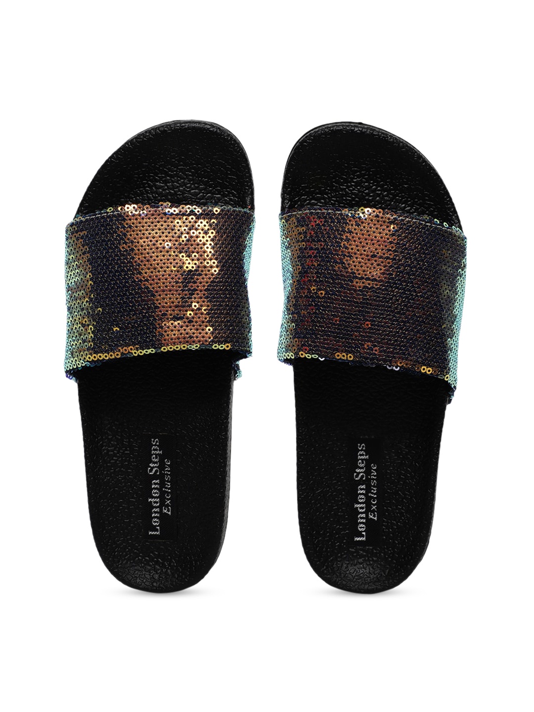 

LONDON STEPS Women Gold-Toned & Black Embellished Sliders