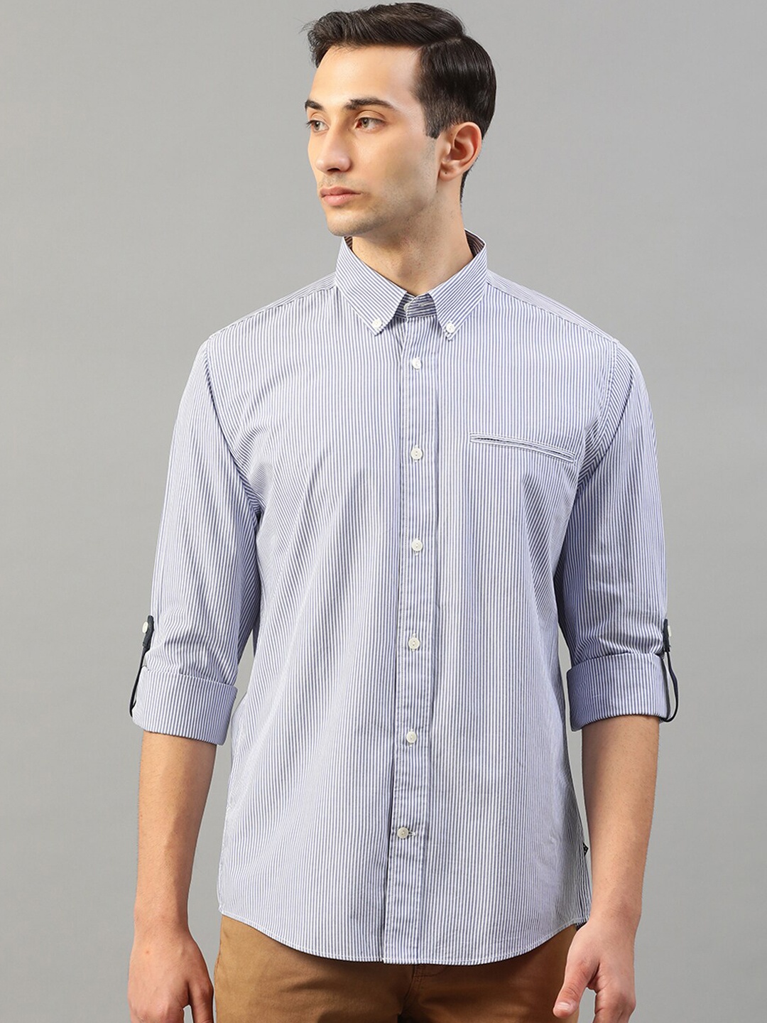 Matinique Men Blue & Off-White Slim Fit Striped Casual Shirt