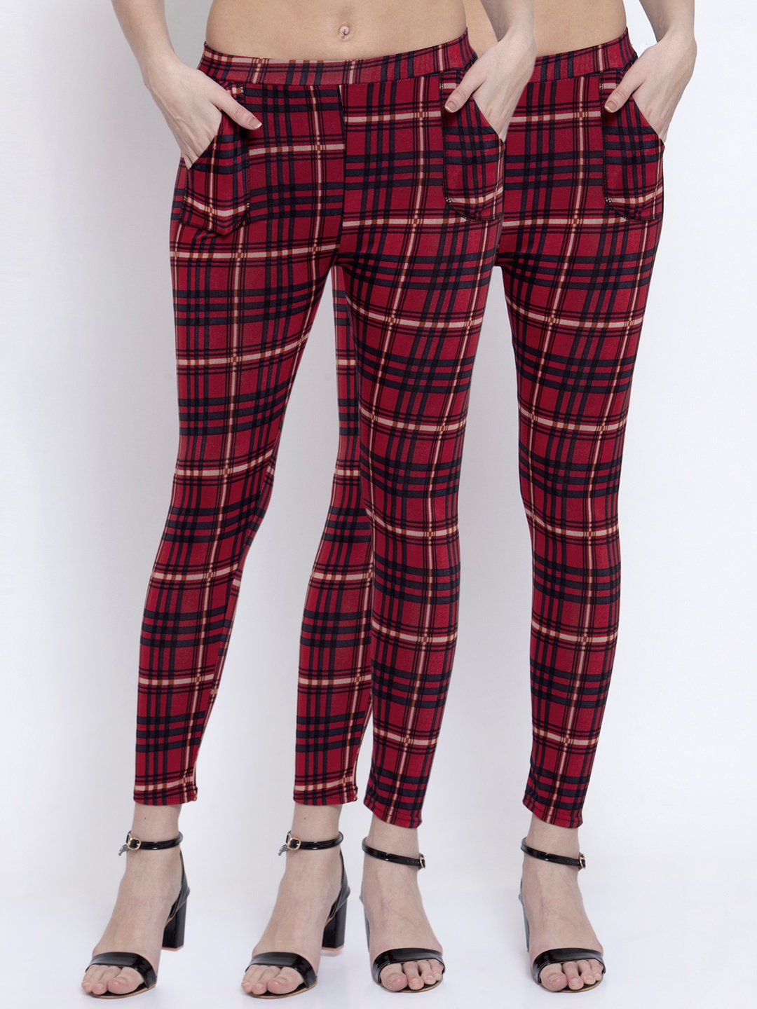 

KLOTTHE Women Red Pack of 2 Checked Jeggings, Maroon