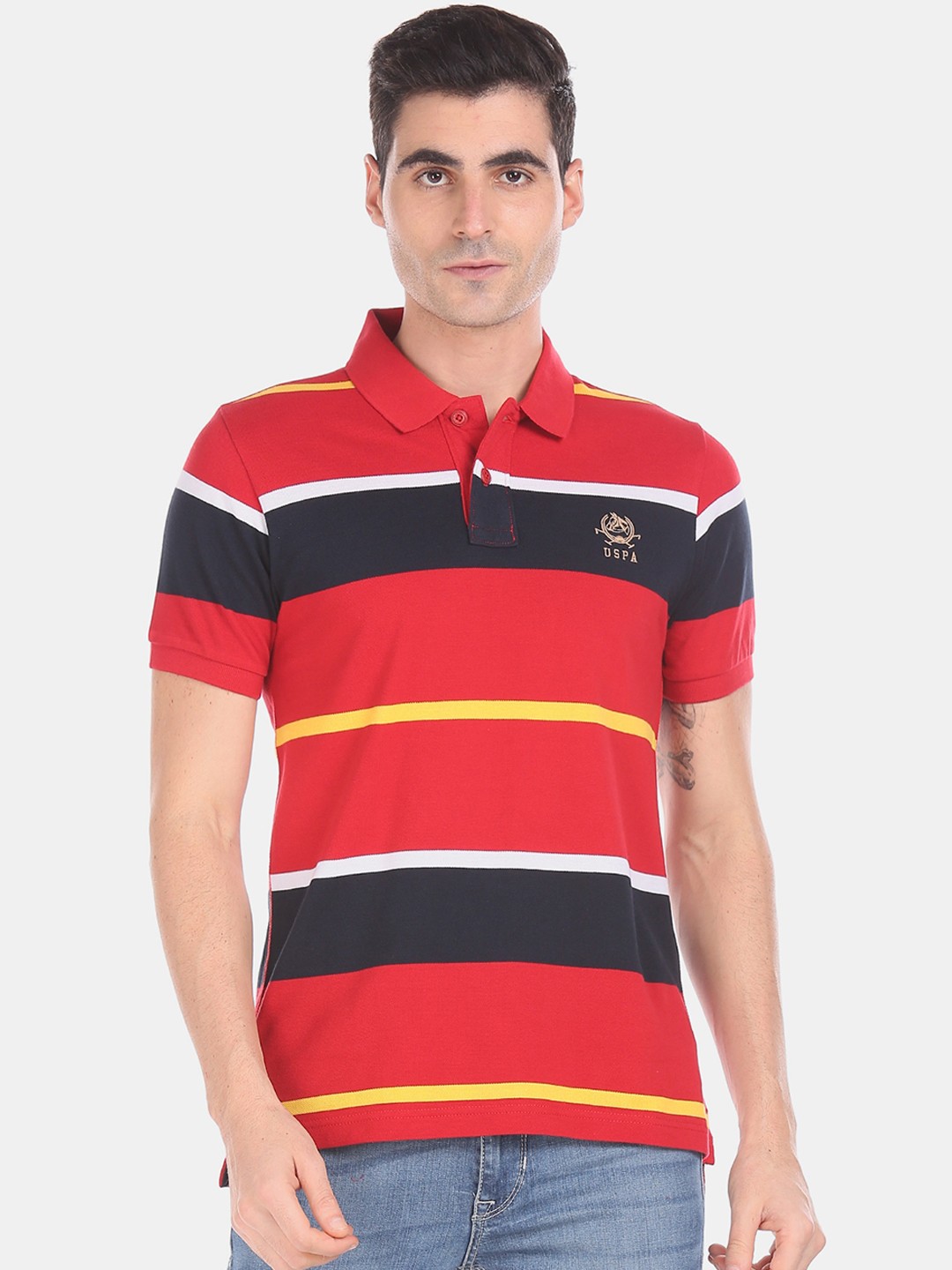 

U.S. Polo Assn. Men Red Striped Polo Collar Cotton Pure Cotton T-shirt