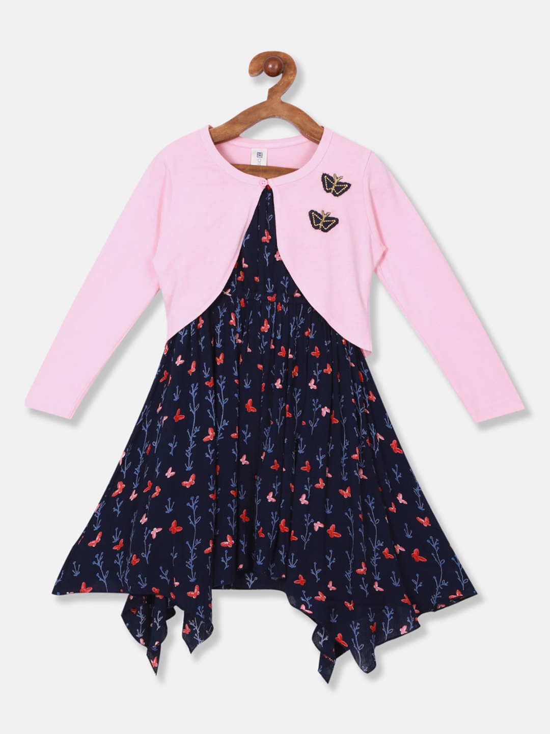 

Cherokee Girls Navy Blue & Pink Printed Fit and Flare Dress with Shrug