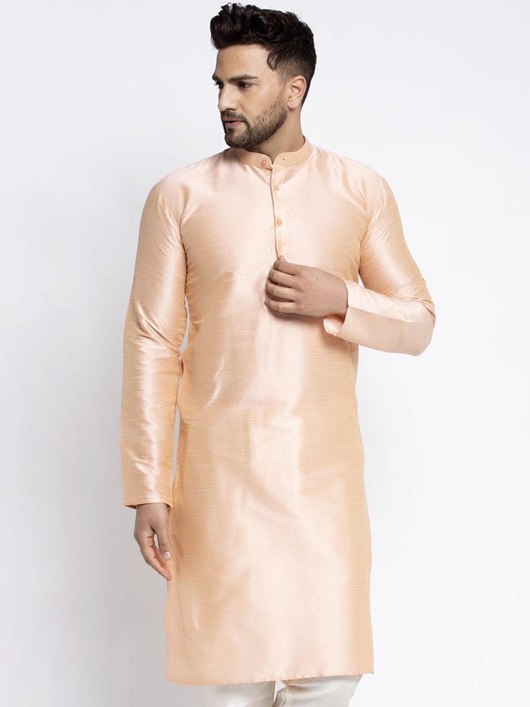 

Jompers Peach-Coloured Woven Design Mandarin Collar Regular Sleeves Kurta