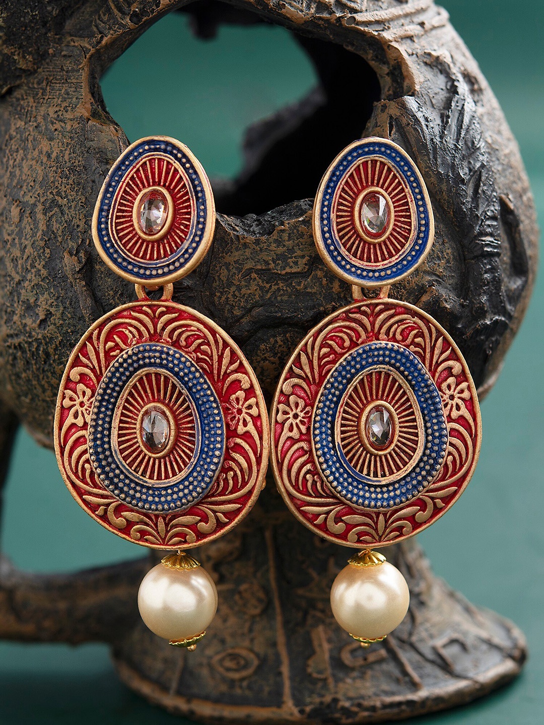 E2O Red & Blue Gold-Plated Handcrafted Contemporary Drop Earrings