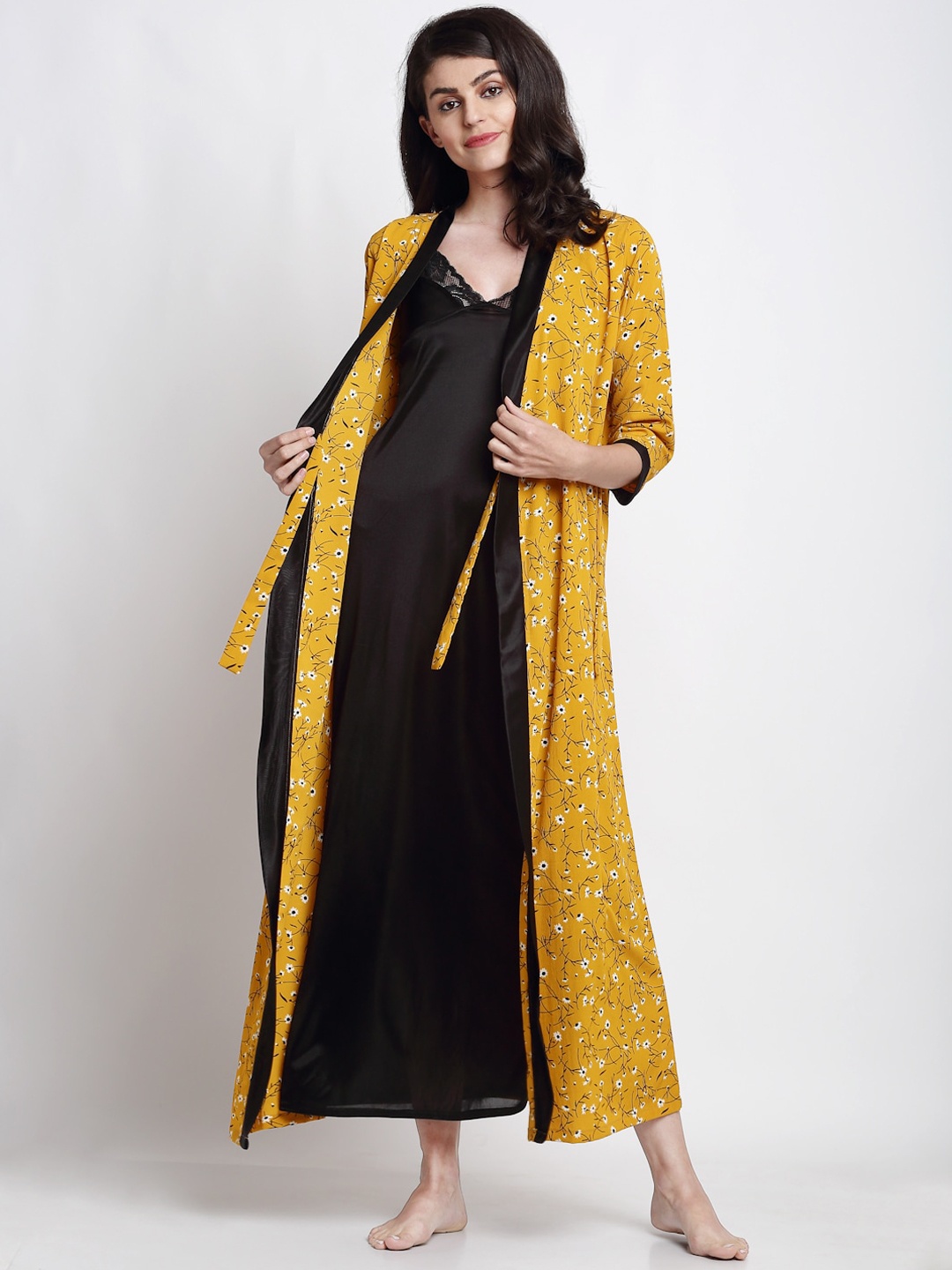 

Claura Black & Yellow Solid Nightdress with Crape Robe