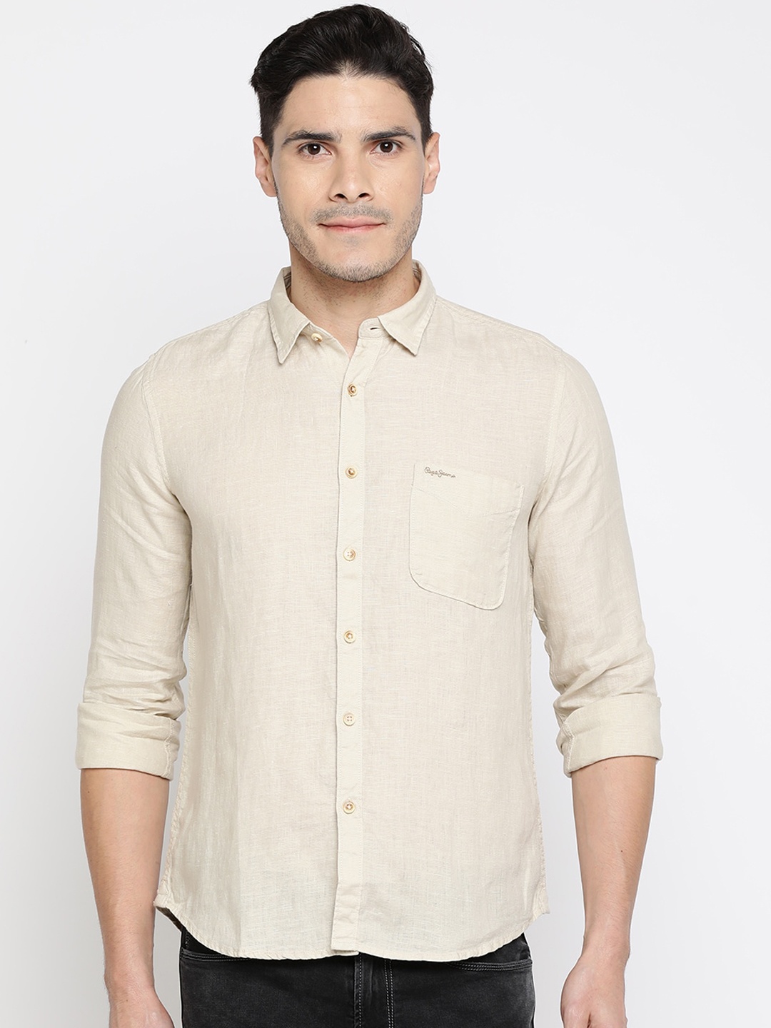 Pepe Jeans Men Beige Regular Fit Solid Casual Shirt