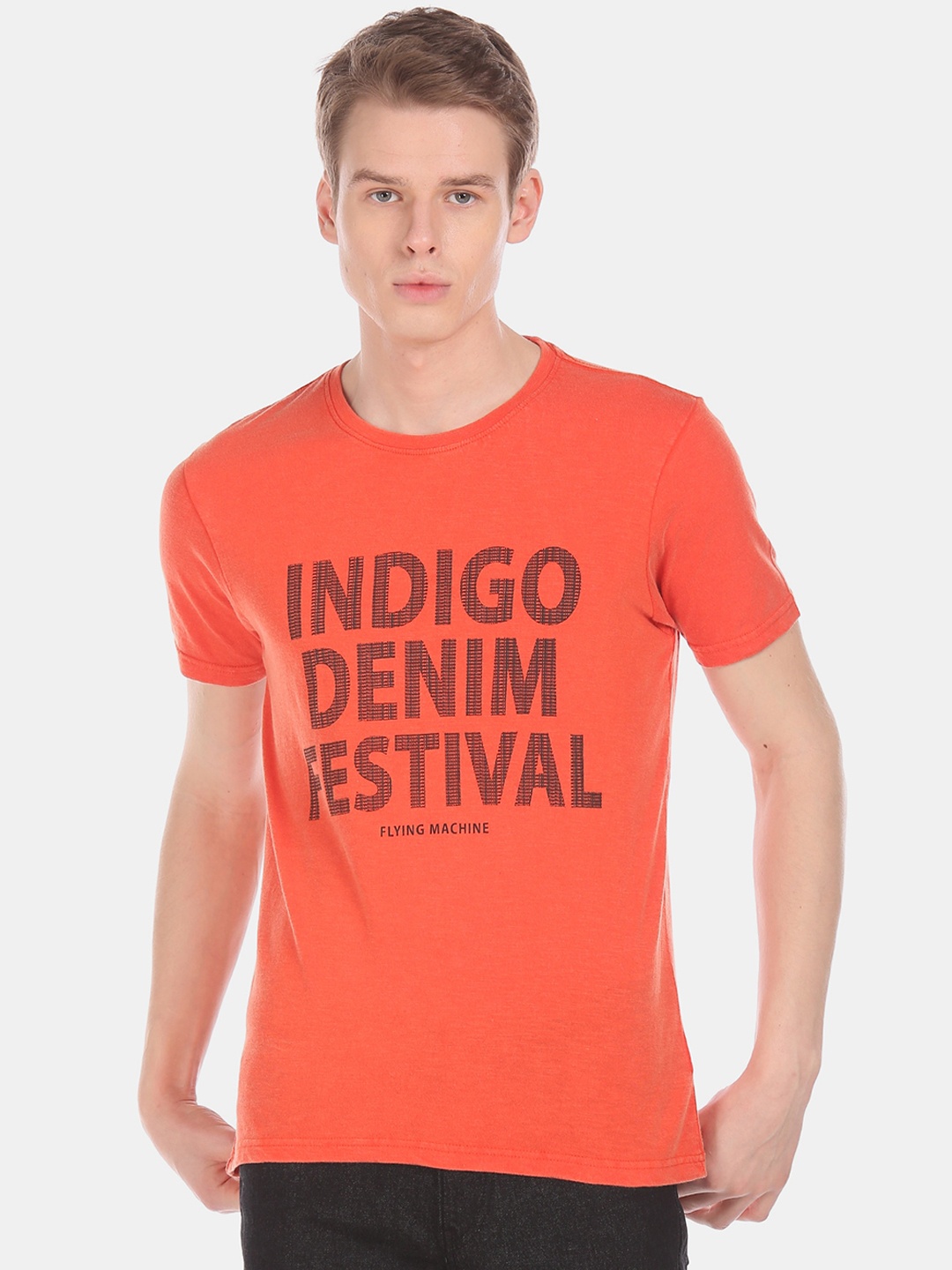 

Flying Machine Men Orange Printed Round Neck Pure Cotton T-shirt