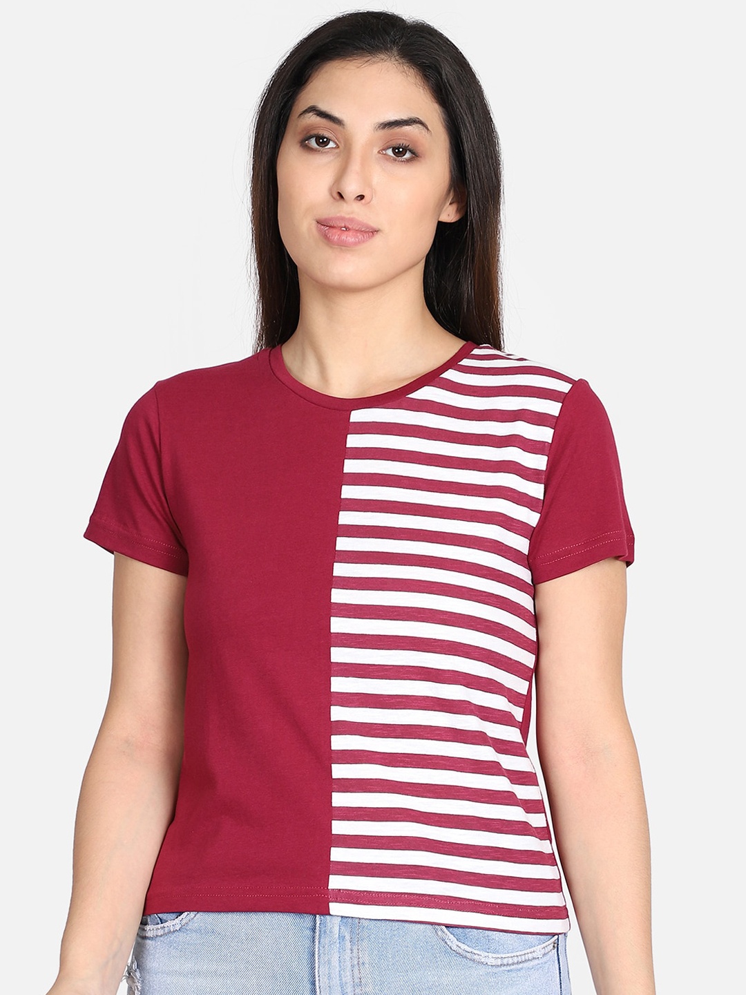 

Yaadleen Women Maroon Striped Round Neck T-shirt