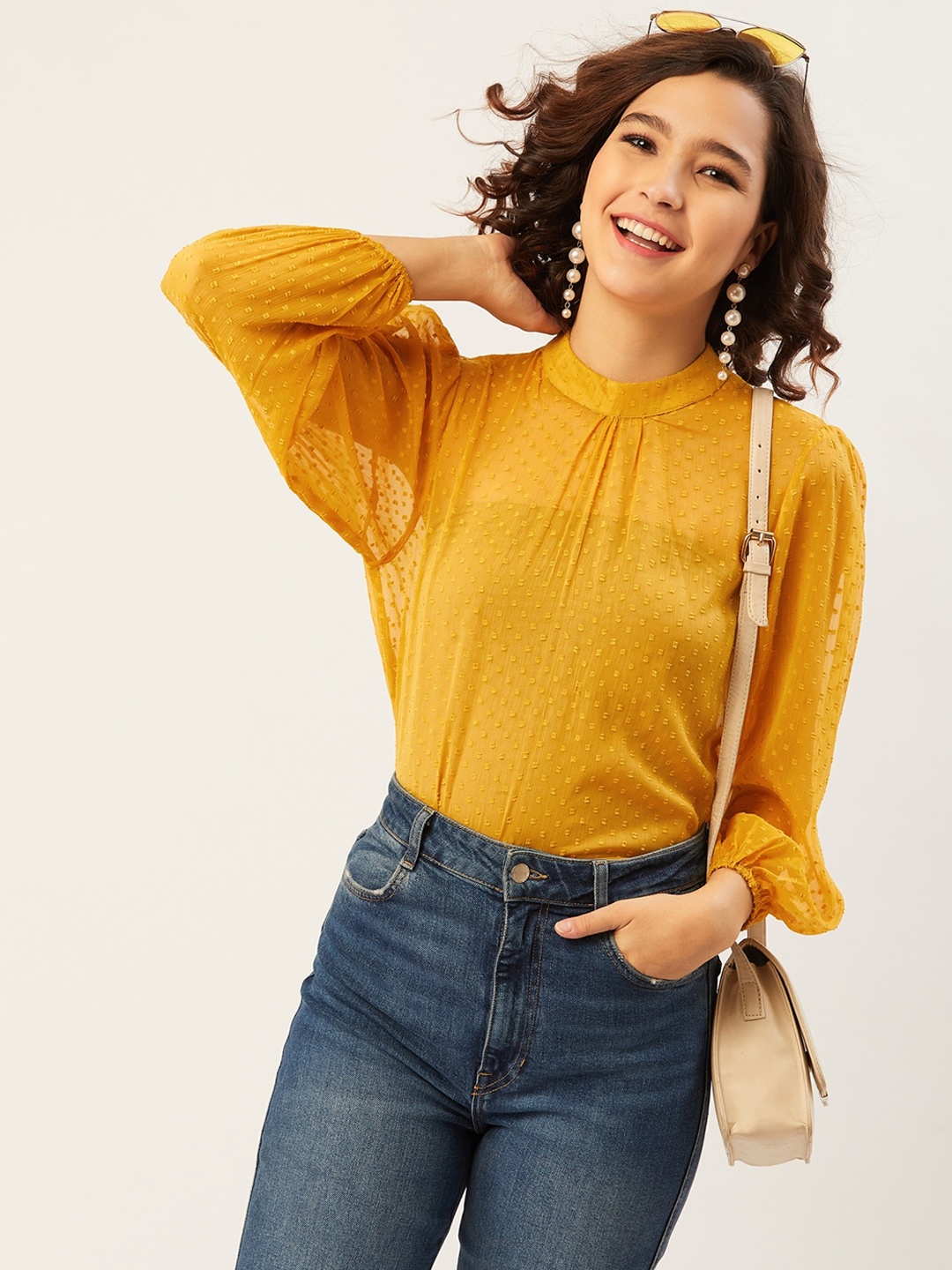 

ANVI Be Yourself Women Yellow Puff Sleeves Chiffon Top