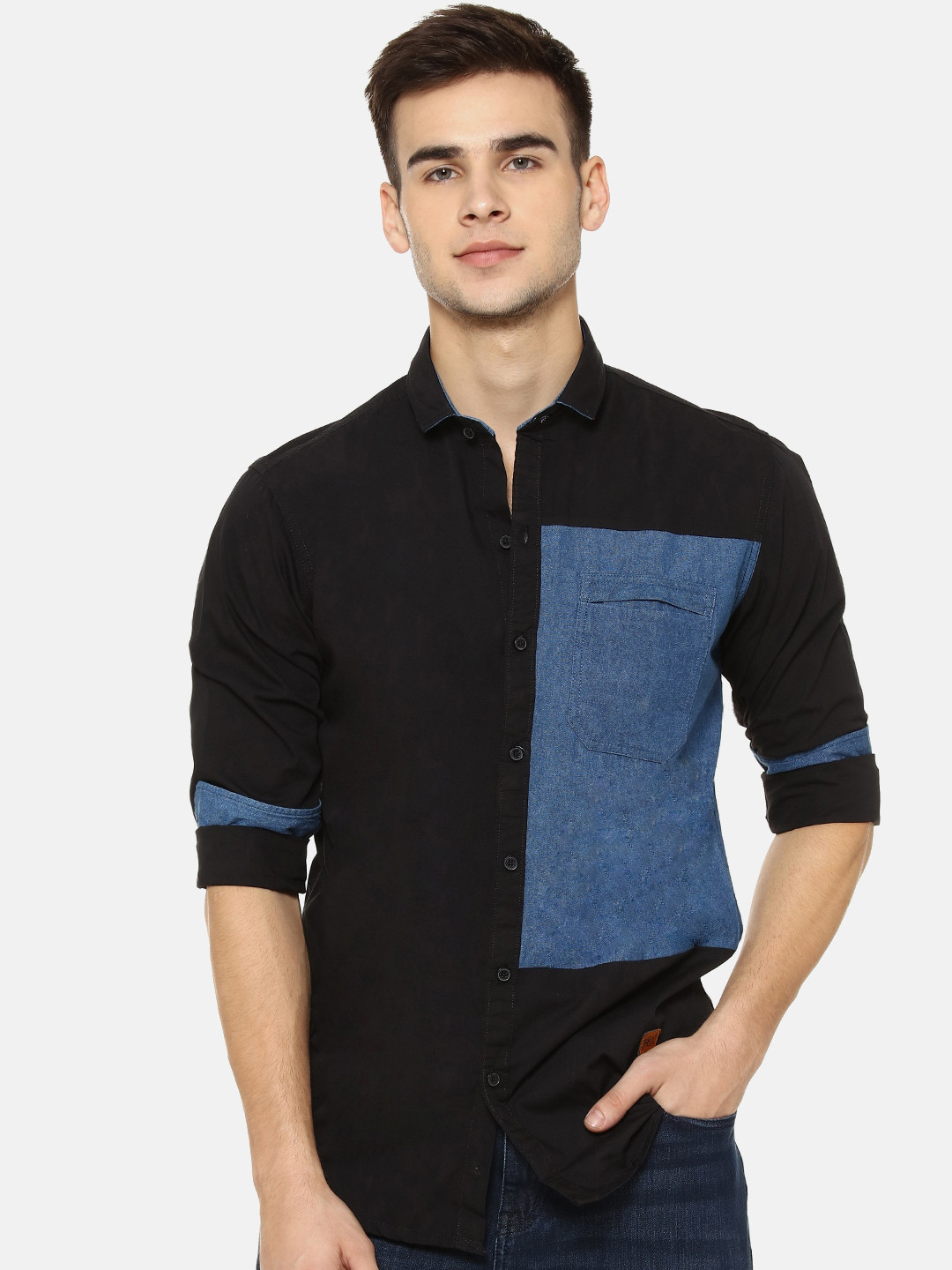 

Campus Sutra Men Black & Blue Regular Fit Colourblocked Casual Shirt