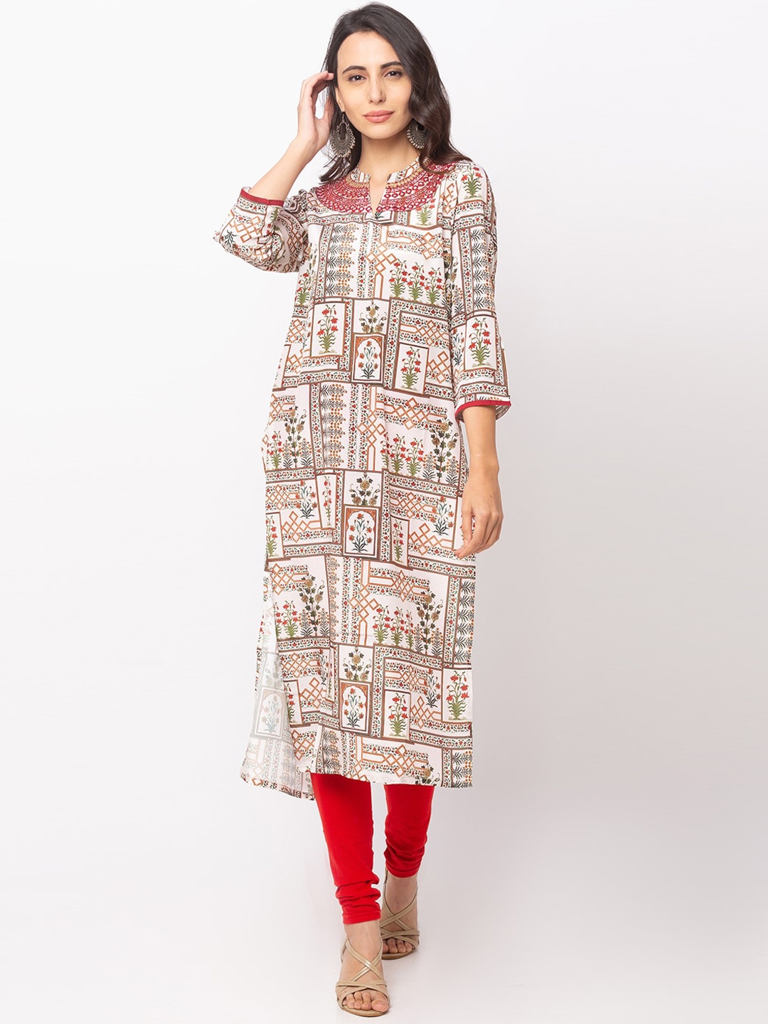 

Globus Women Beige & Green Floral Printed Straight Kurta
