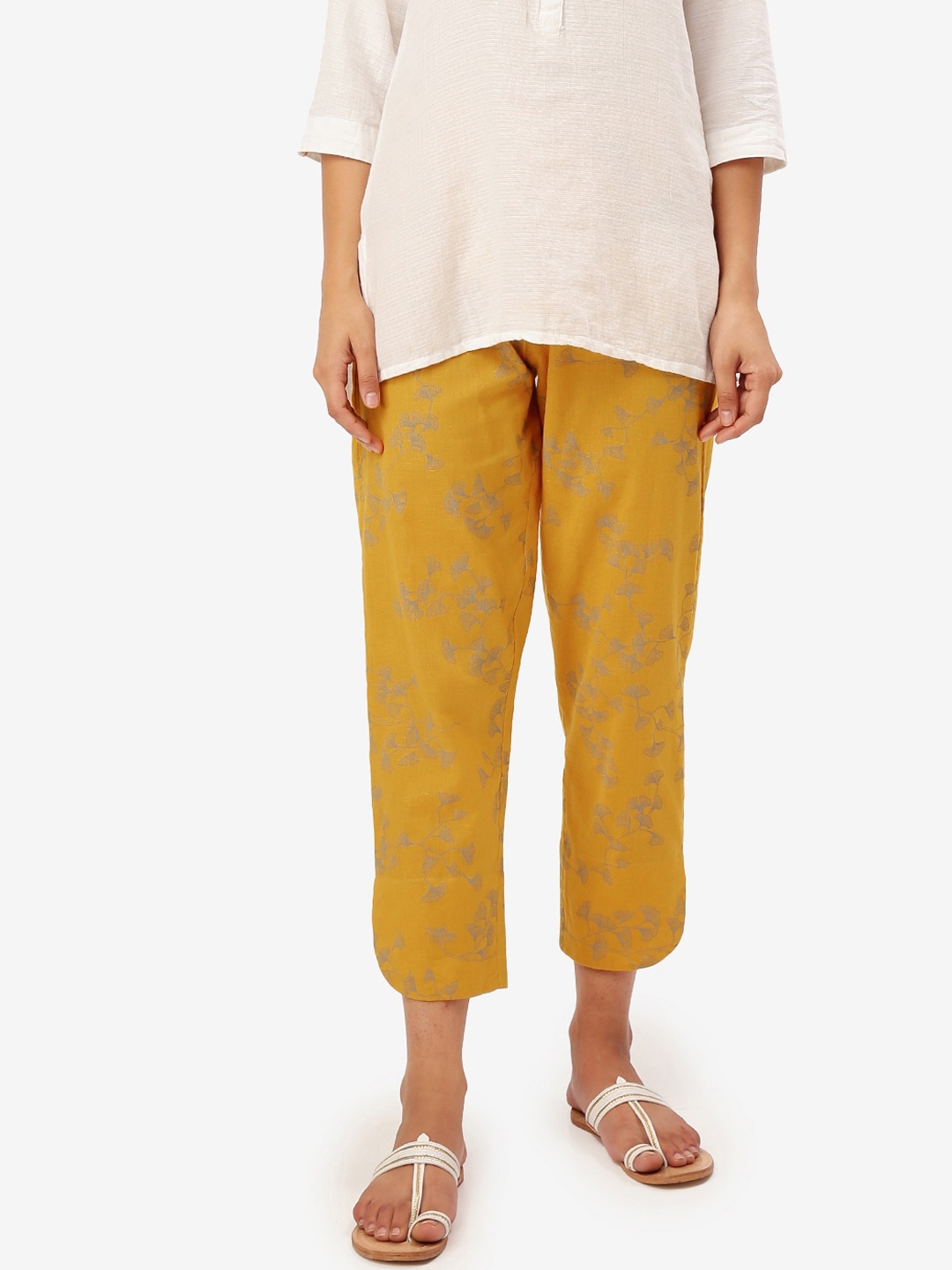 Saaki Women Mustard & Grey Printed Straight Palazzos