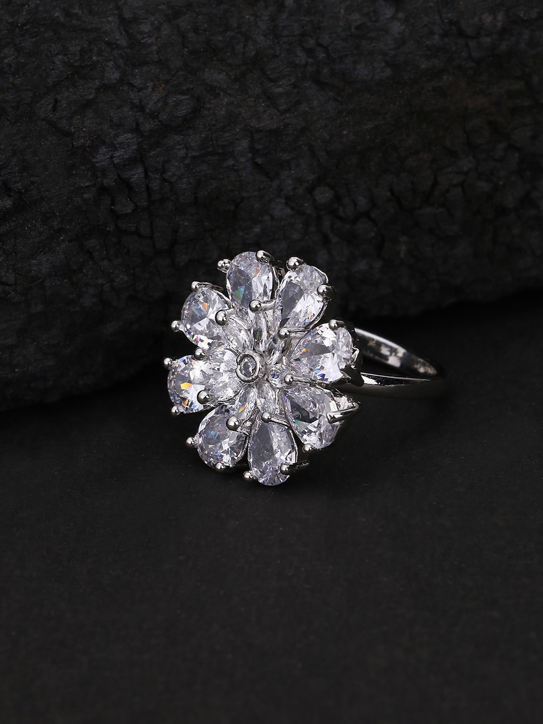 

Adwitiya Collection Silver Rhodium Plated CZ Stone Studded Adjustable Finger Ring