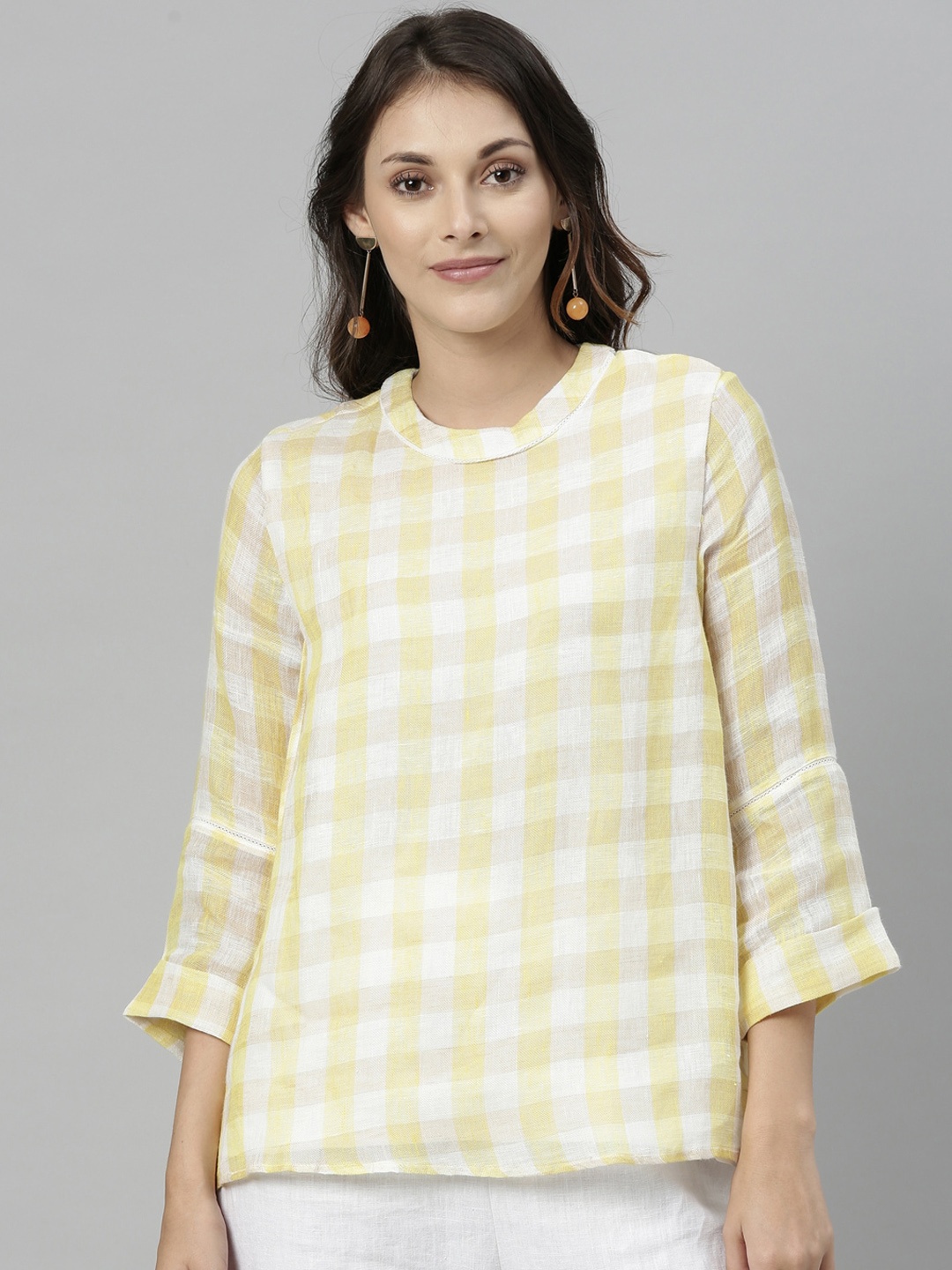 

RAREISM Yellow & White Checked Linen Top