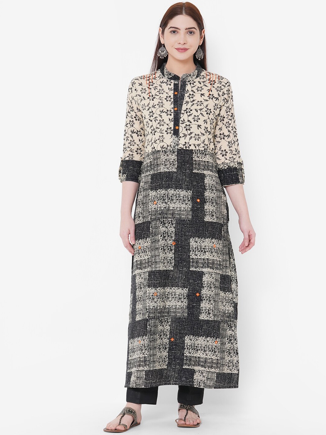 Aprique Fab Women Black & Beige Floral Print Straight kurta