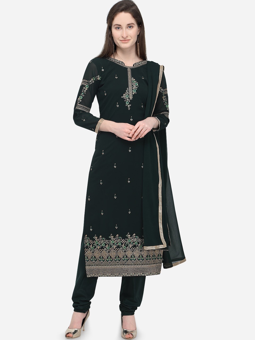 

mf Green & Gold-Coloured Poly Georgette Semi-Stitched Dress Material