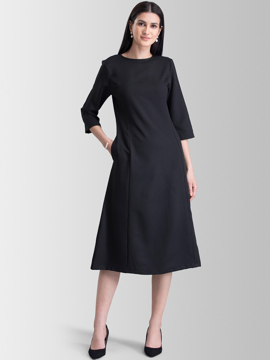 

FableStreet Women Black Solid A-Line Dress