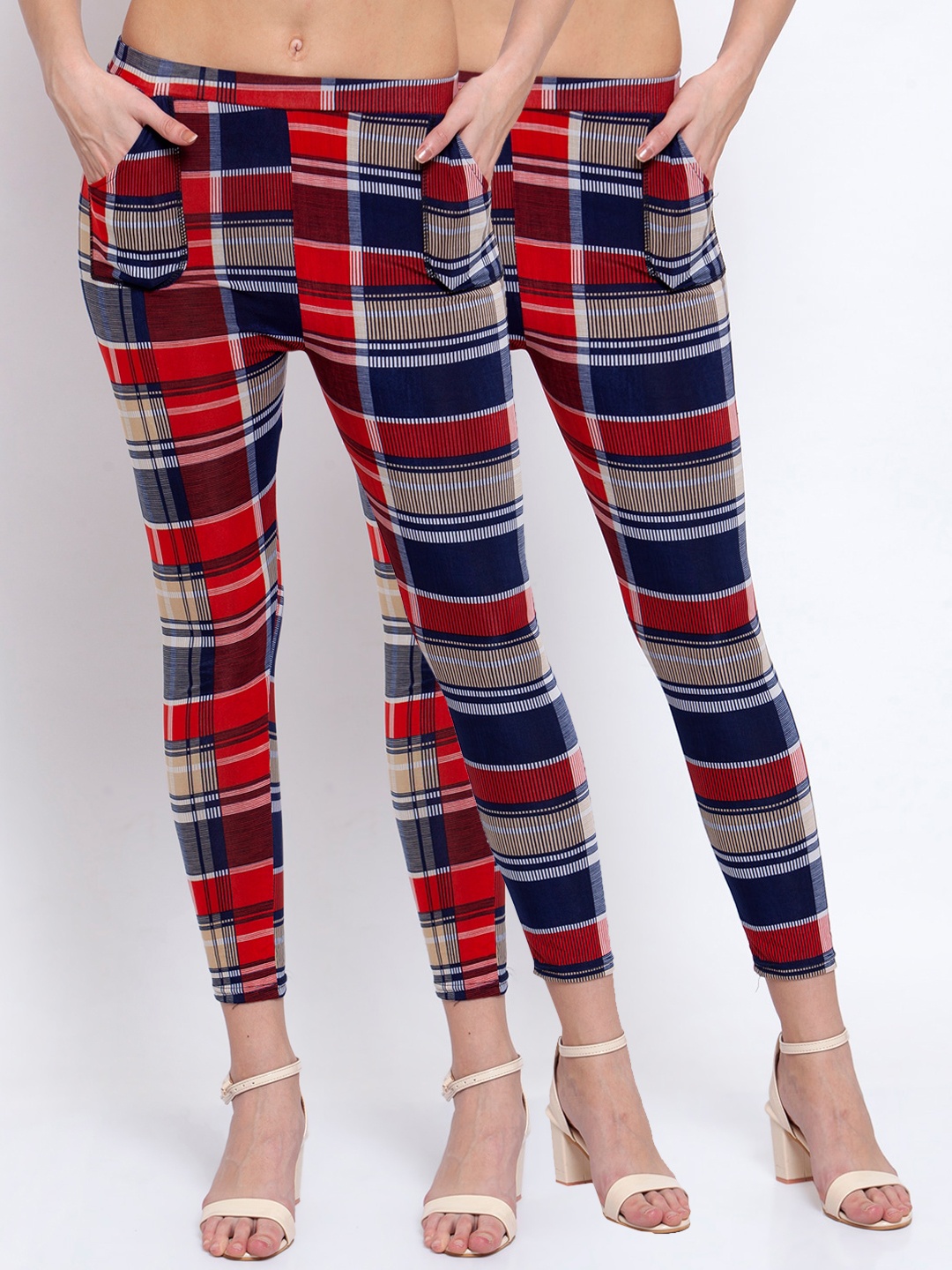 

KLOTTHE Women Pack of 2 Navy Blue & Red Checked Skinny-Fit Jeggings