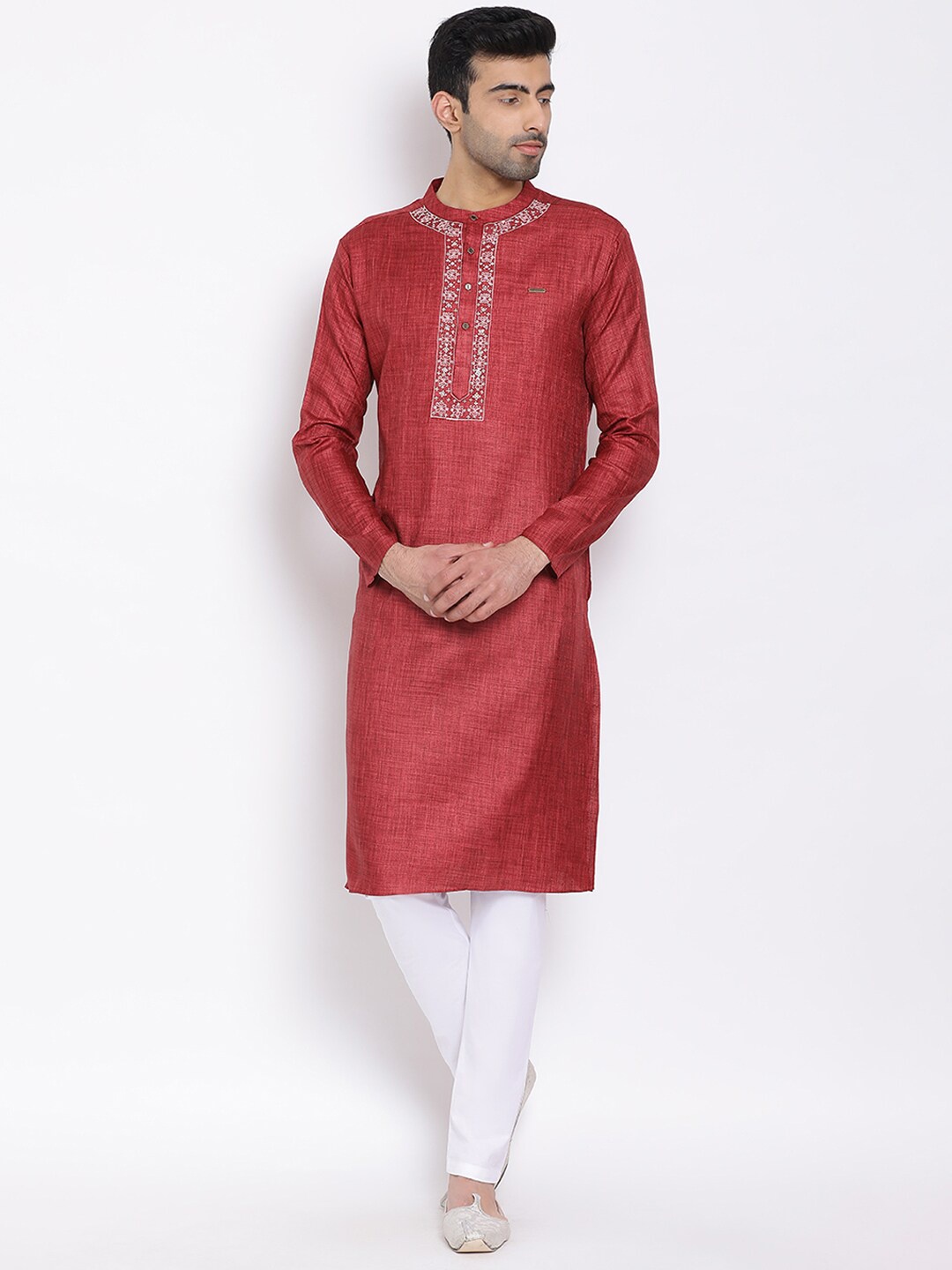 

DEVOILER Men Red Thread Work Woven Design Mandarin Collar Regular Sleeves Kurta