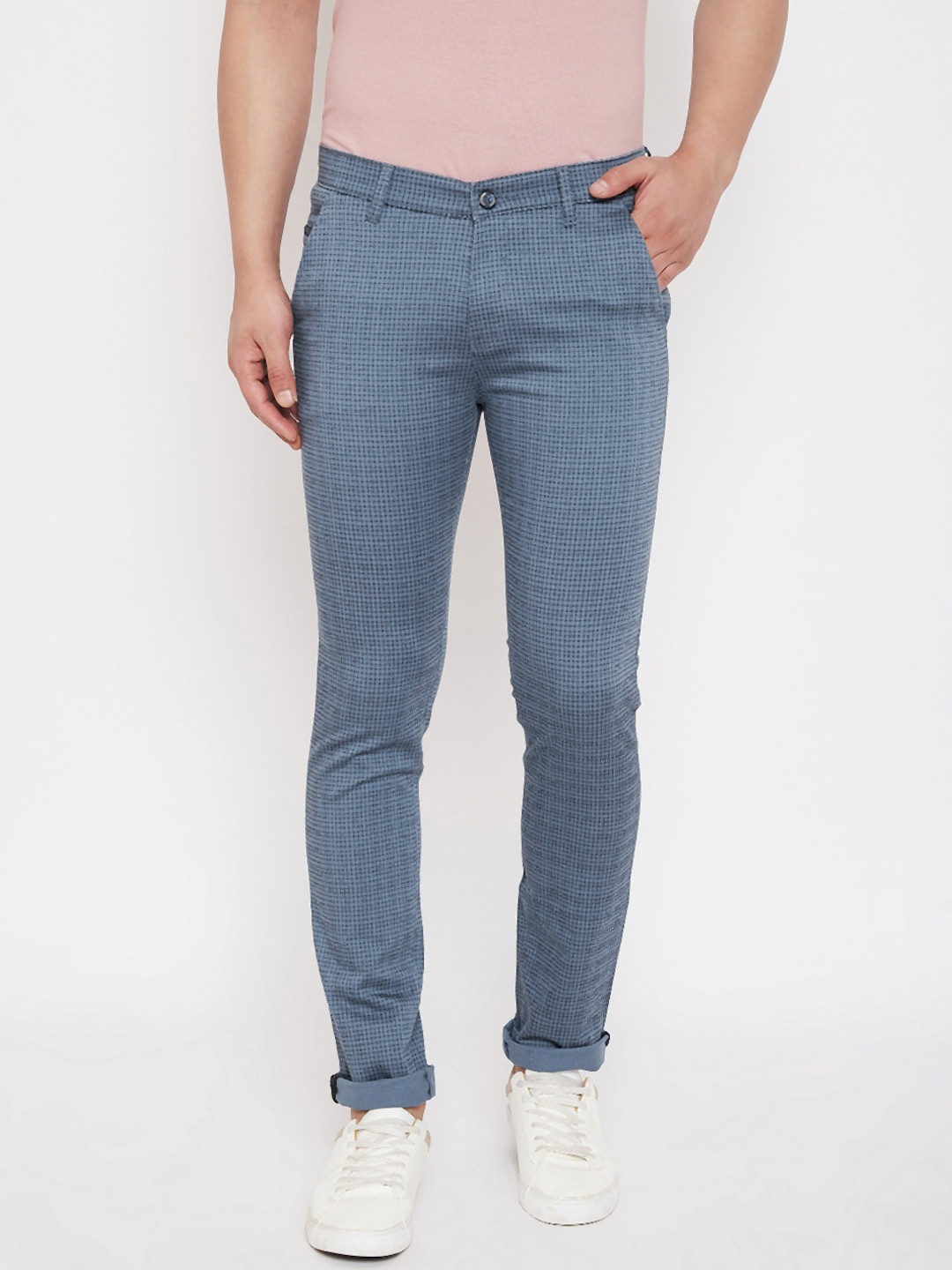 

Crimsoune Club Men Blue & Black Skinny Fit Checked Regular Trousers