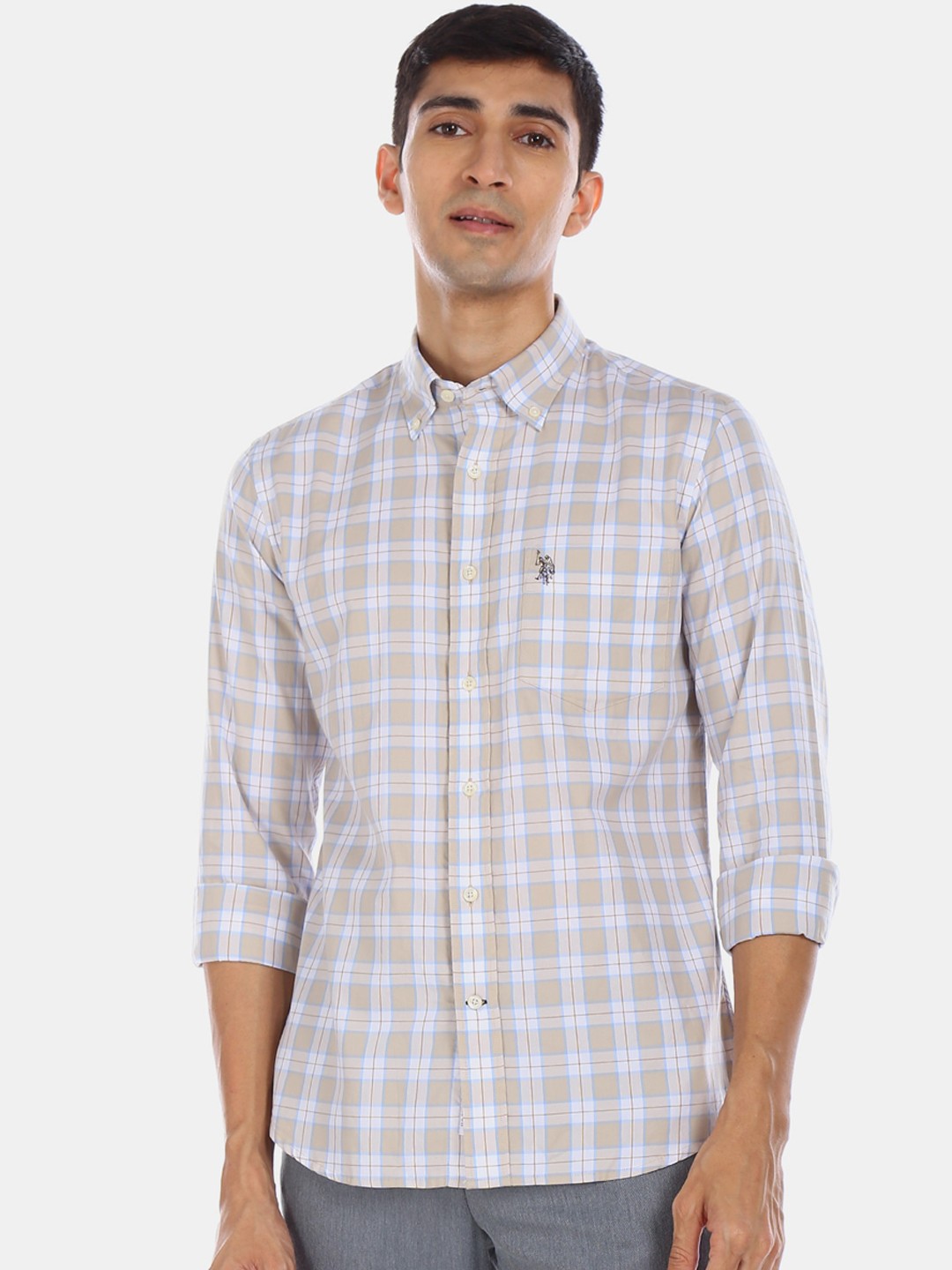 

U.S. Polo Assn. Men Beige & White Regular Fit Checked Cotton Casual Shirt