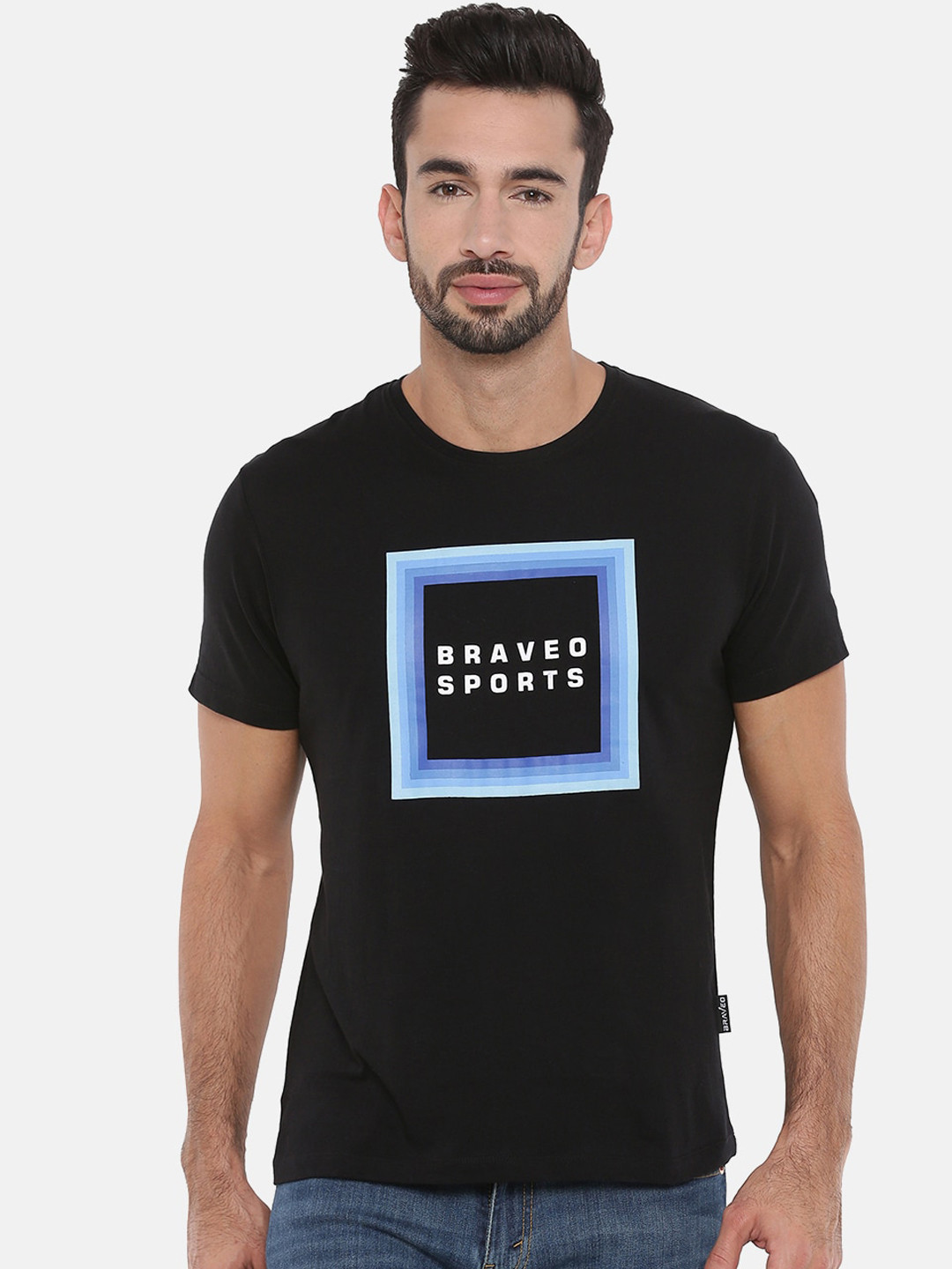

Braveo Men Black Printed Round Neck Cotton Pure Cotton T-shirt