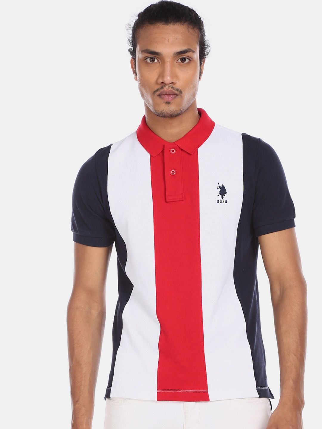

U.S. Polo Assn. Men Red Striped Polo Collar Pure Cotton T-shirt
