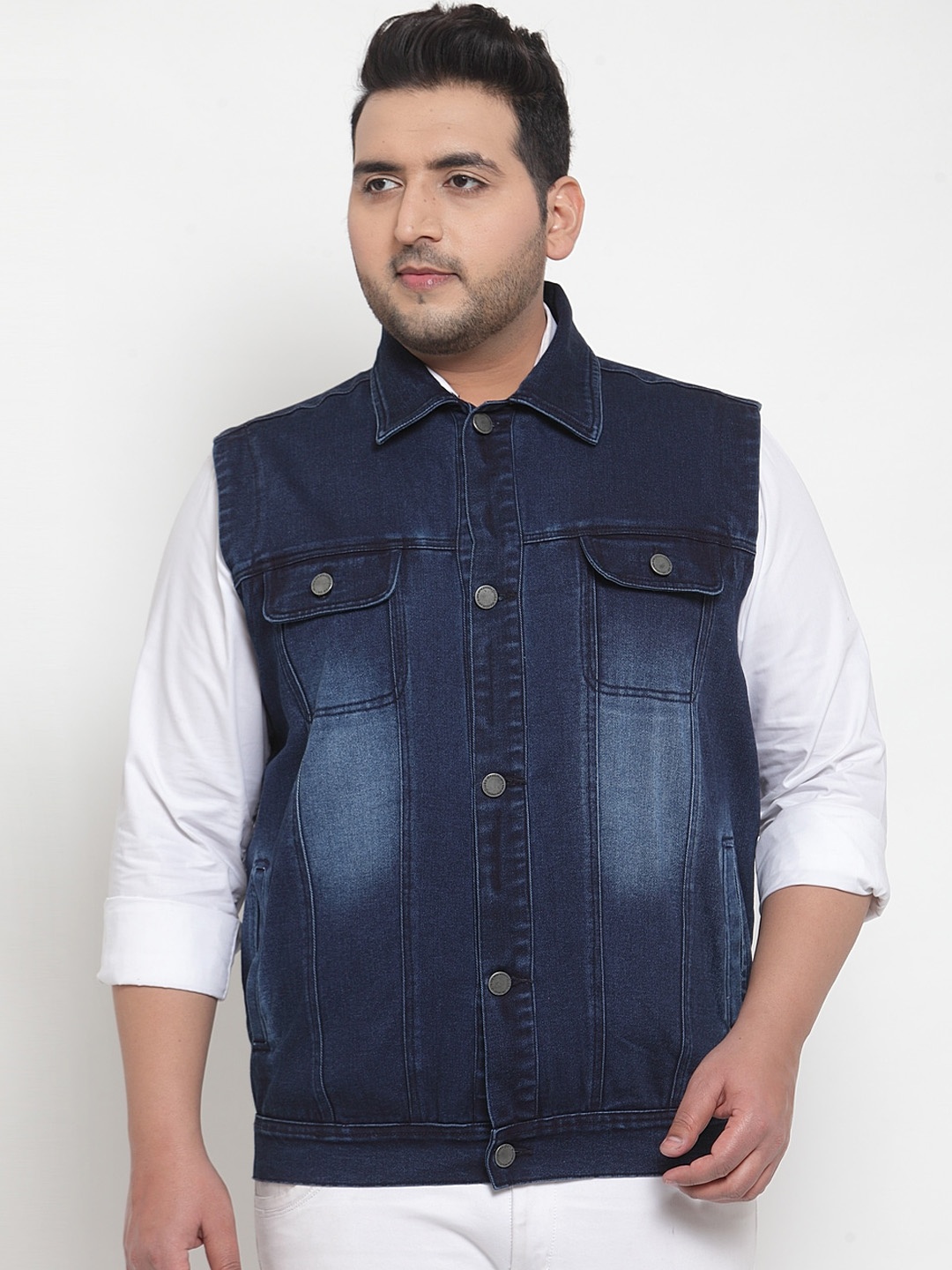 plusS Men Blue Solid Denim Jacket