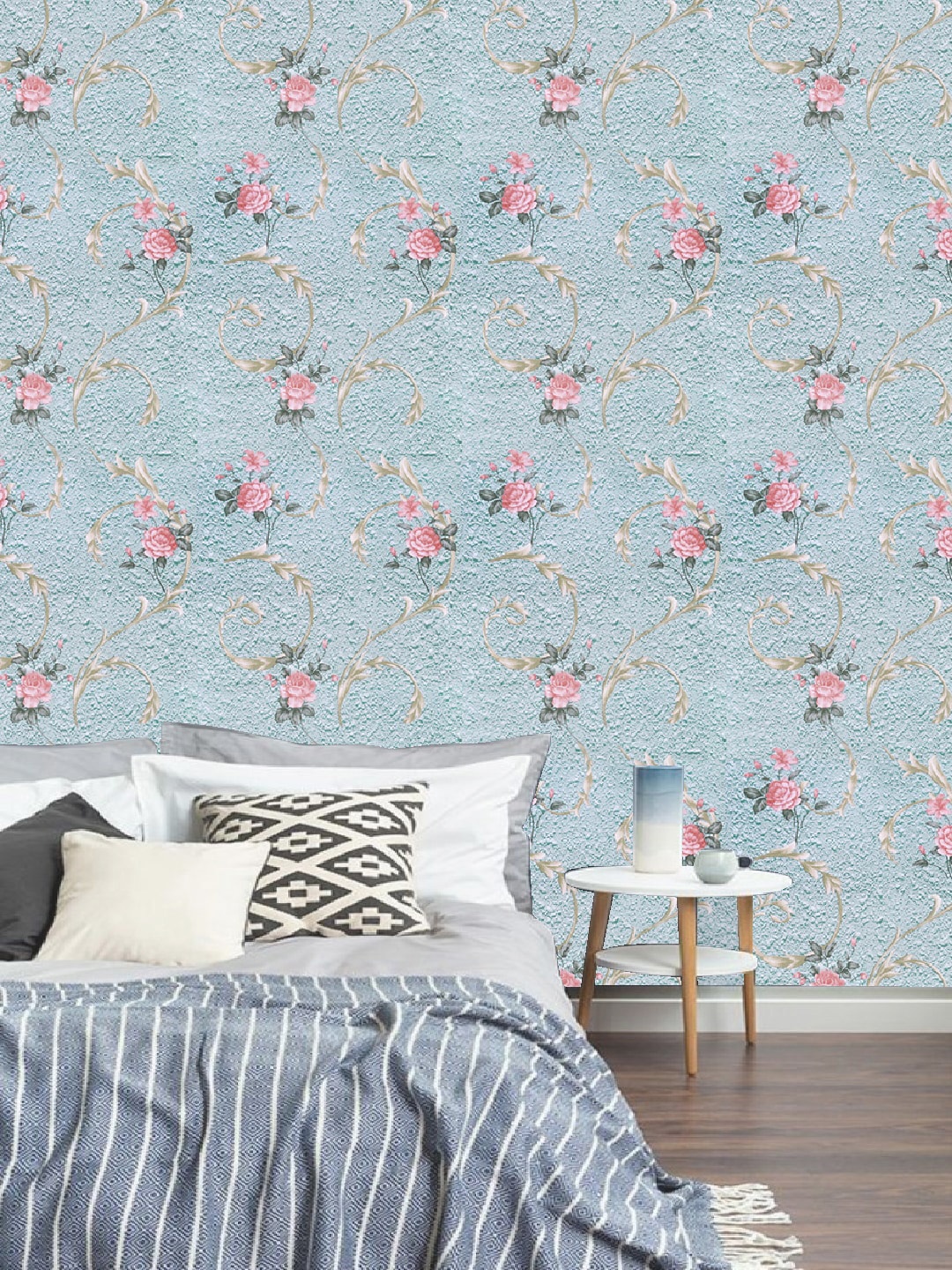 Jaamso Royals Cyan Flower Self Adhesive Wallpaper, Multi