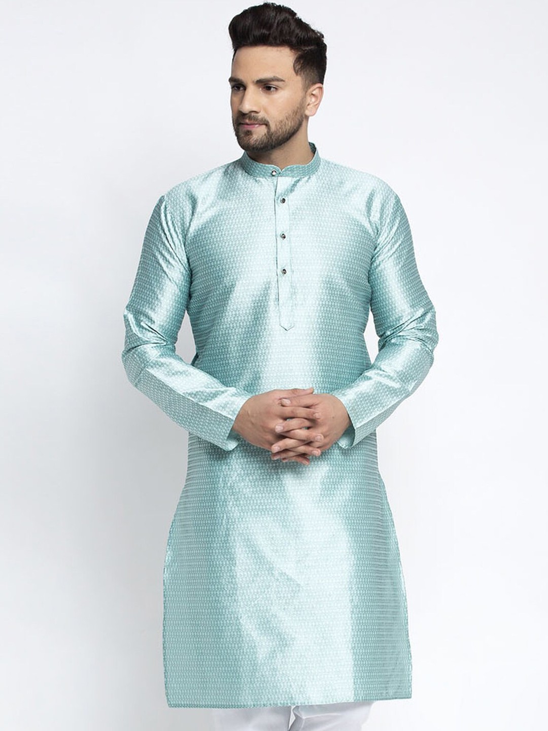 

Jompers Men Turquoise Blue Woven Design Straight Kurta