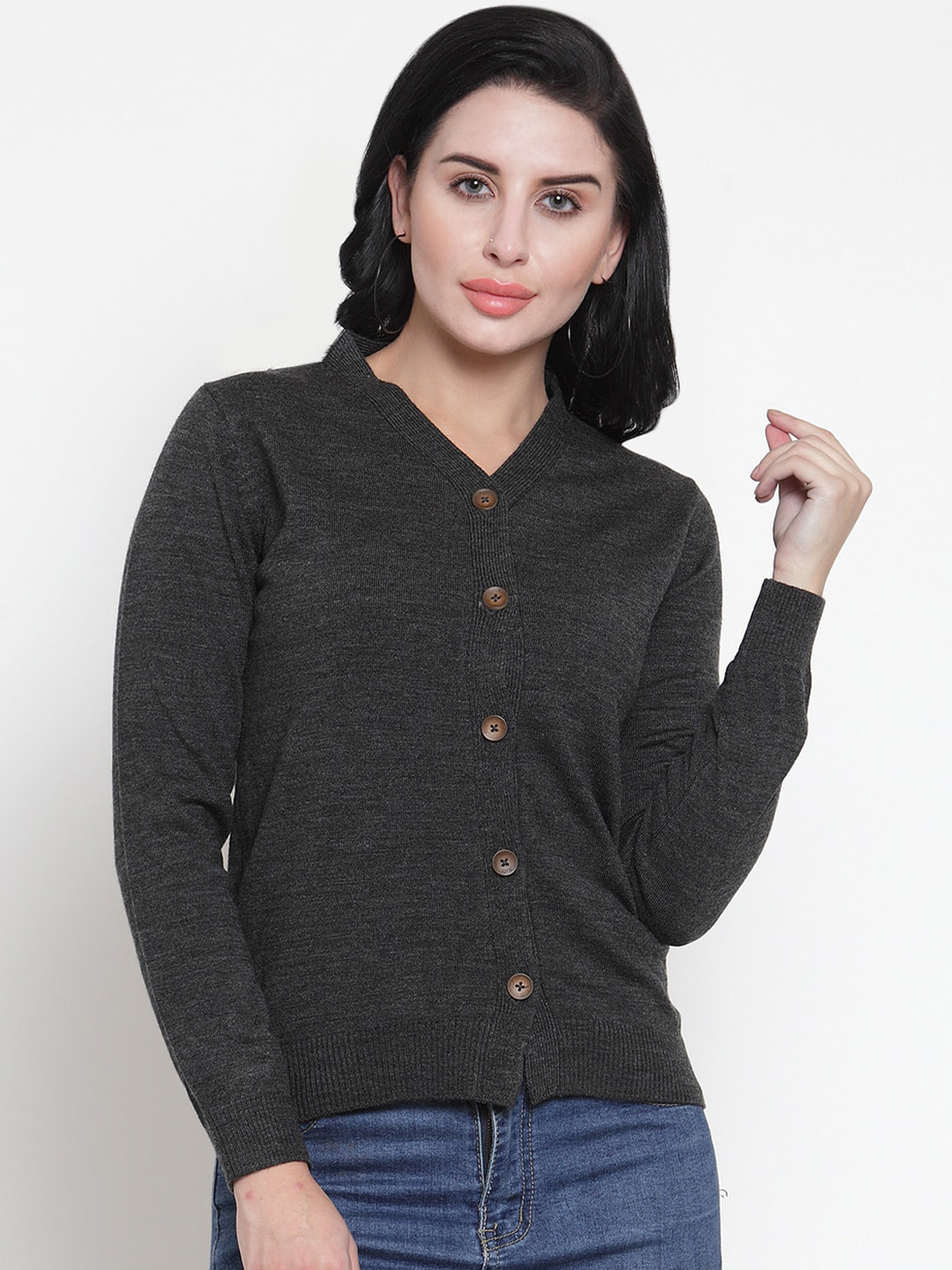 

Kalt Women Charcoal Grey Melange Solid Cardigan