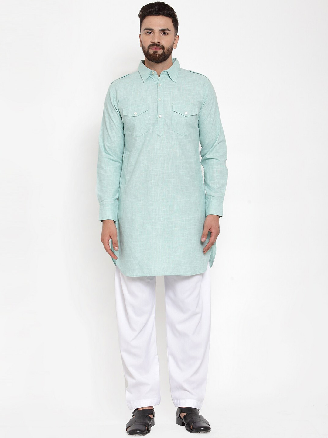 

Purple State Sea Green Solid Pathani Kurta