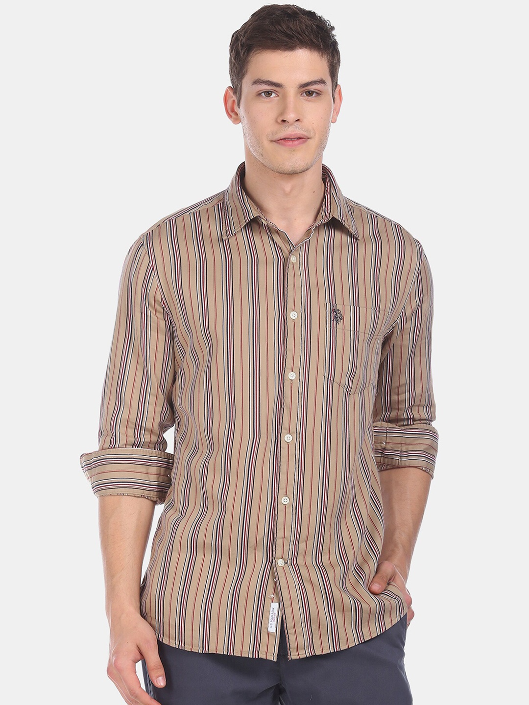 

U.S. Polo Assn. Men Beige Regular Fit Striped Casual Shirt