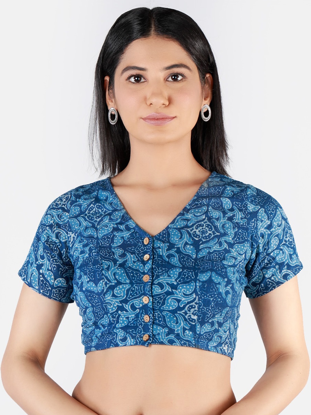 

Llajja Women Blue & White Printed Non-Padded Cotton Sustainable Saree Blouse