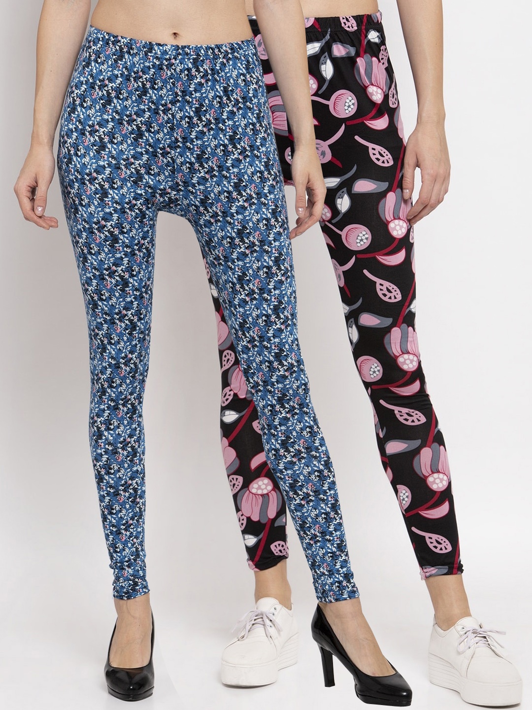 

KLOTTHE Women Pack Of 2 Floral Printed Ankle-Length Leggings, Teal