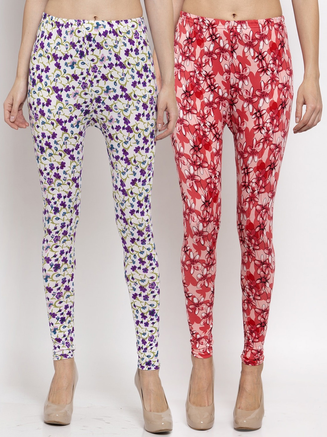 

KLOTTHE Women Pack of 2 Floral Printed Ankle-Length Leggings, Red