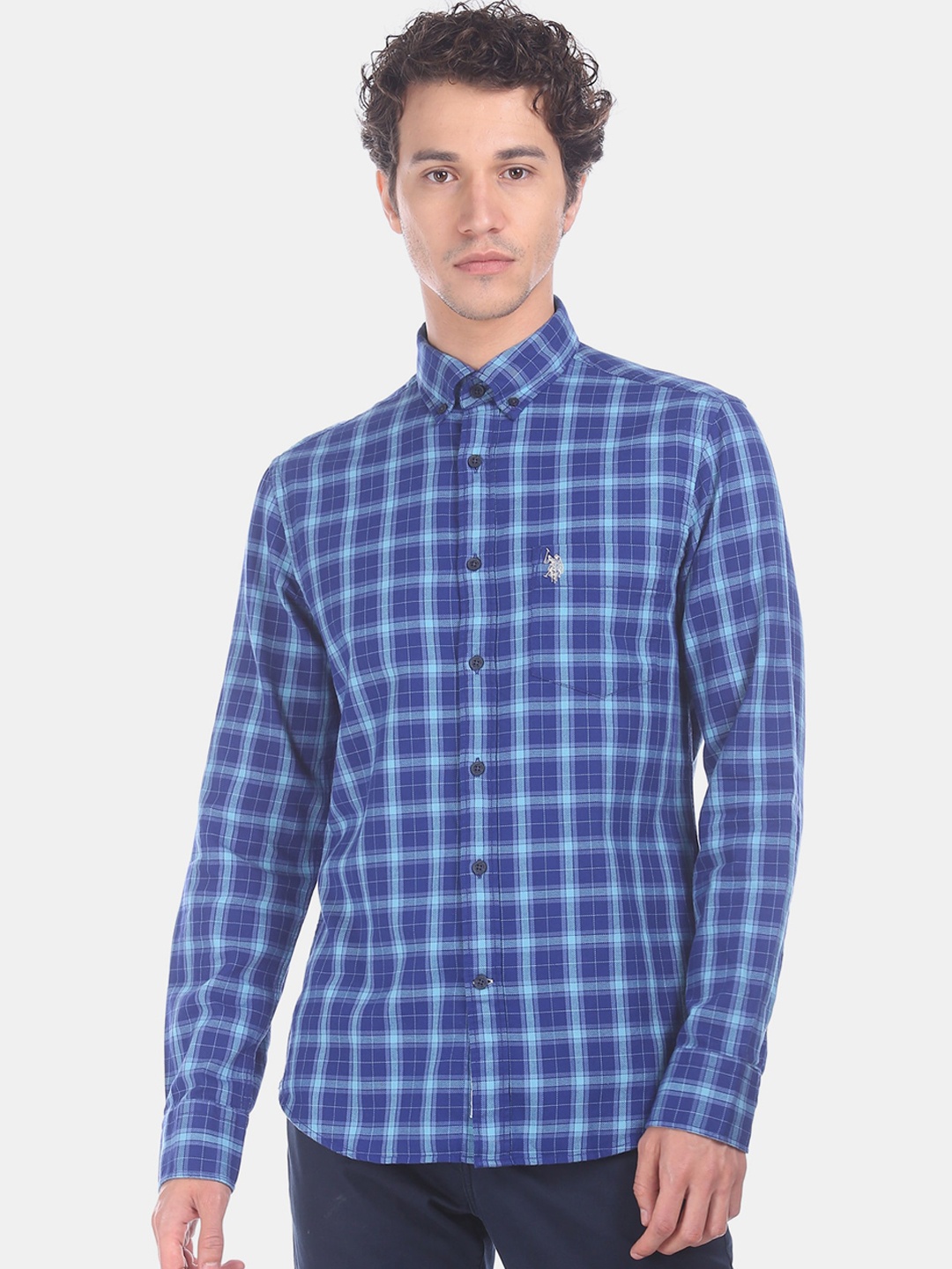 

U.S. Polo Assn. Men Blue Regular Fit Checked Cotton Casual Shirt