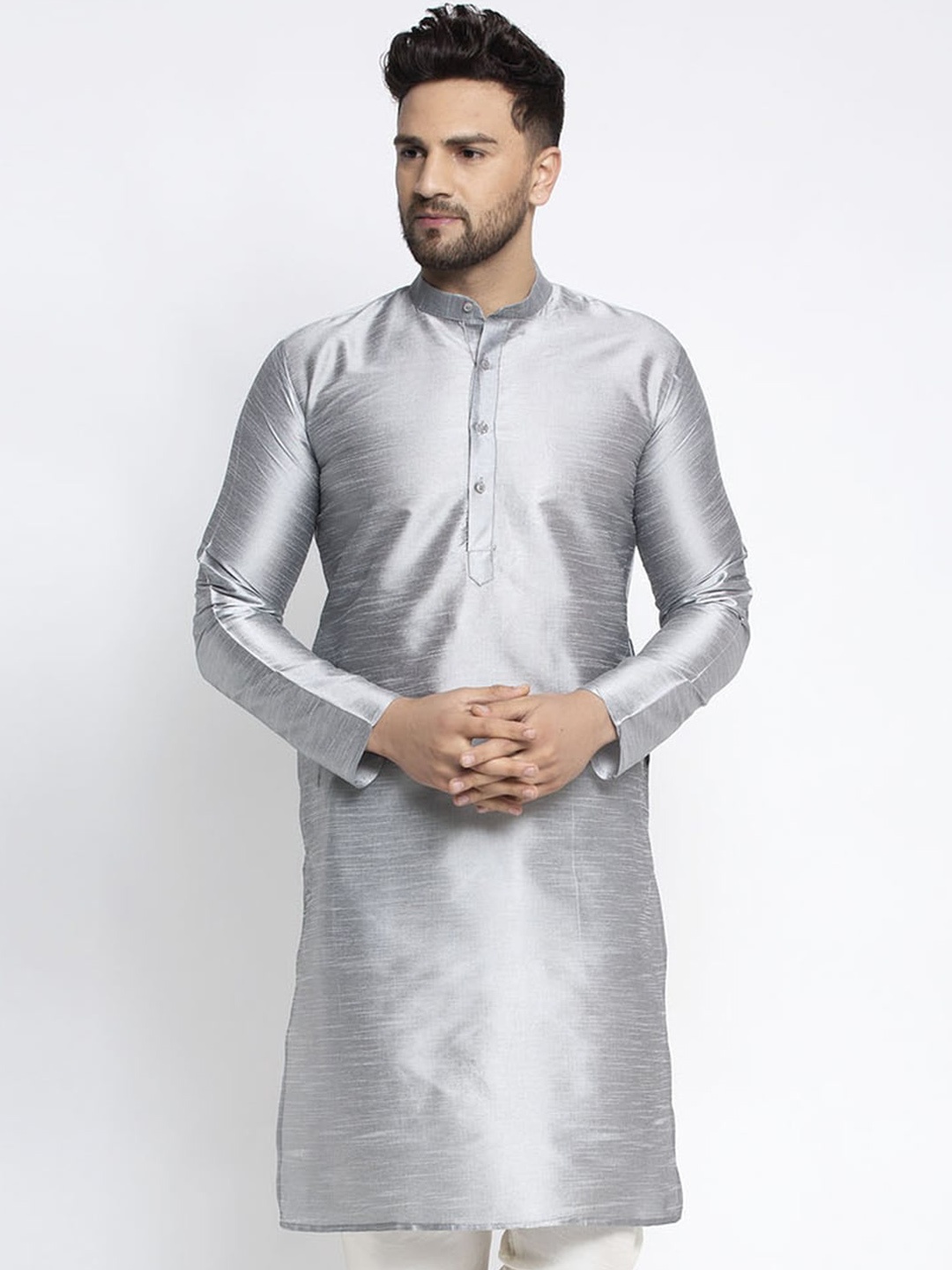 

Jompers Silver-Toned Solid Mandarin Collar Dupion Silk Kurta