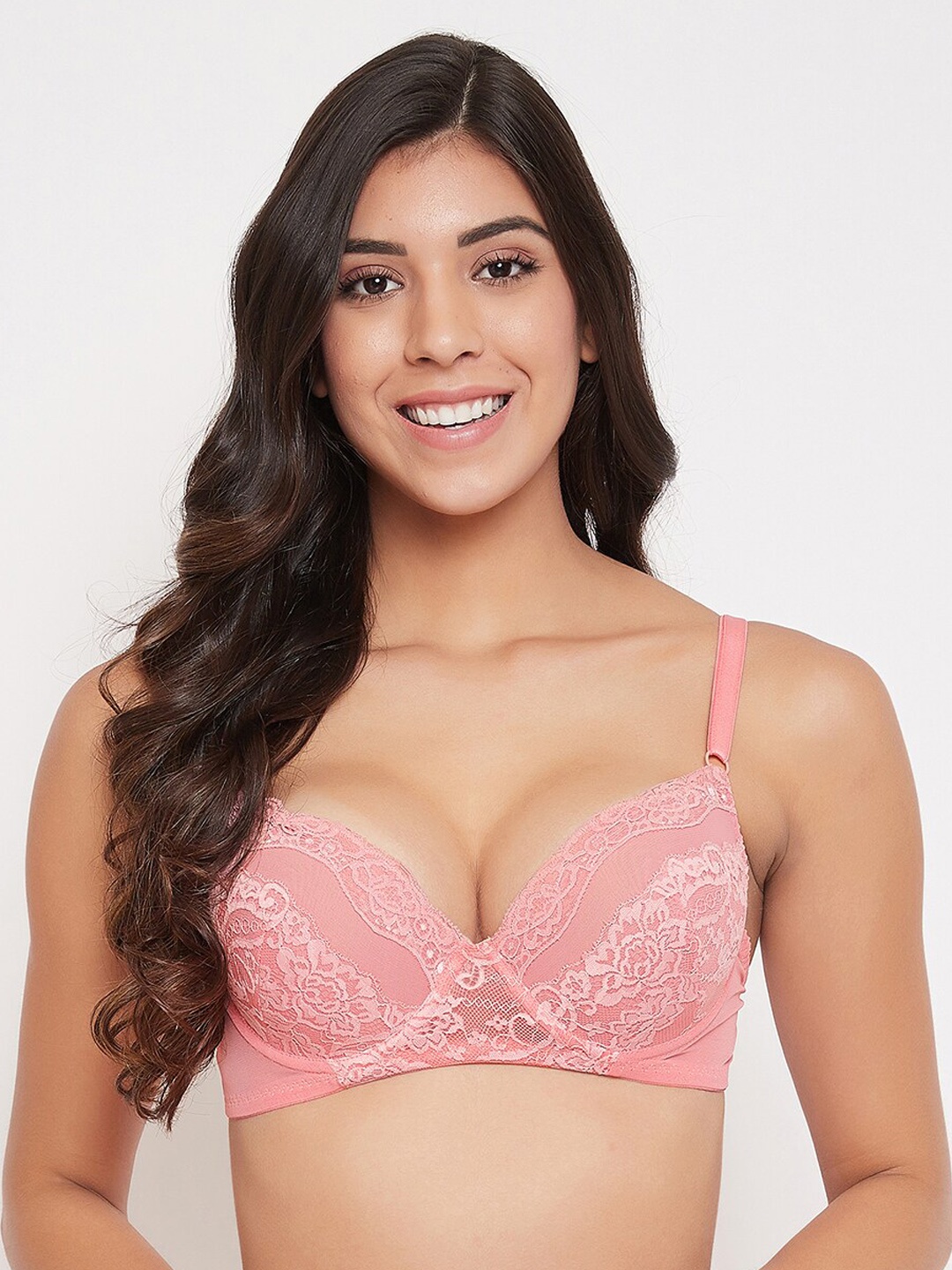 

Clovia Pink Lace Underwired Lightly Padded Push-Up Bra