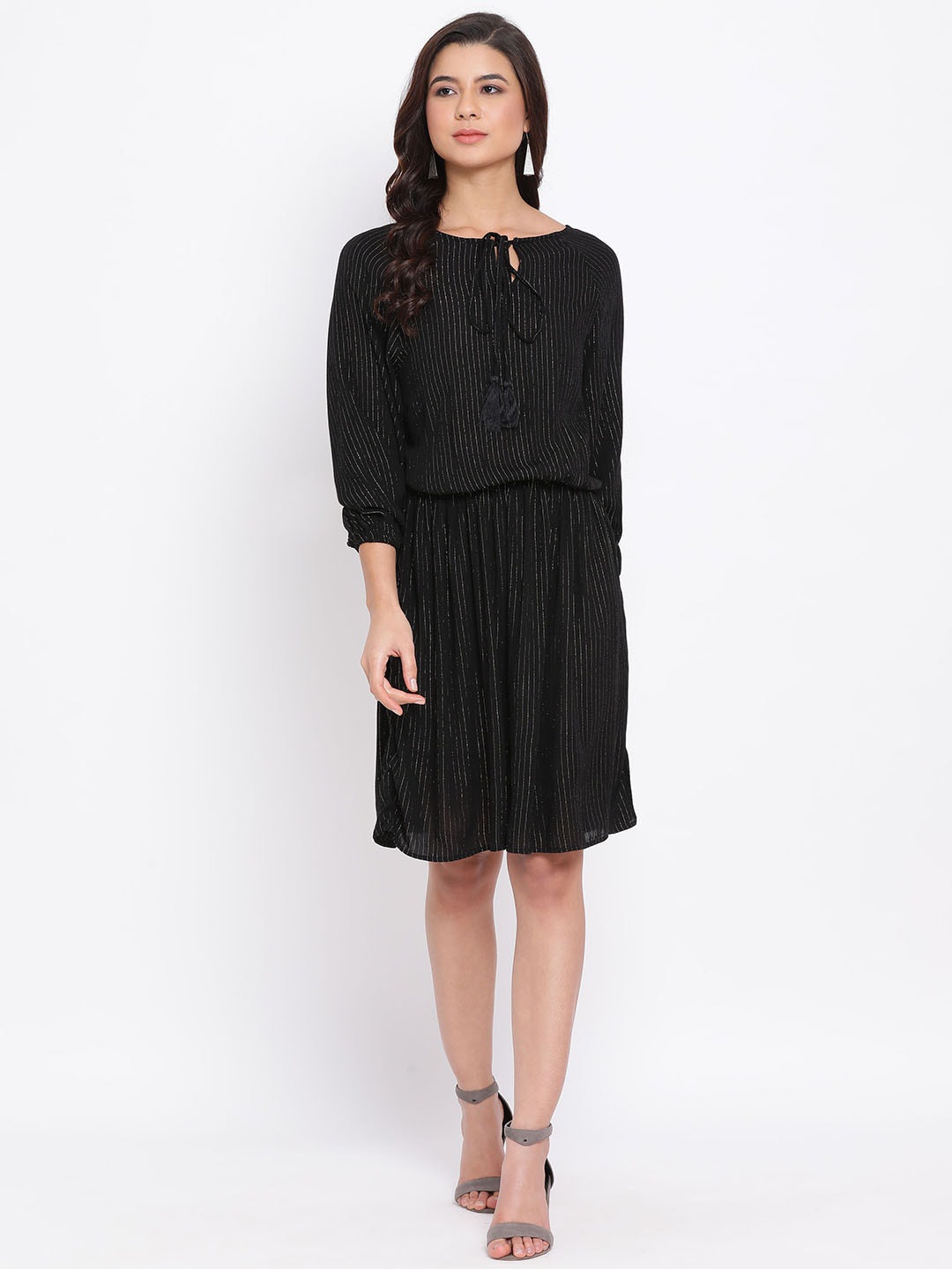 

Oxolloxo Women Black & Silver Striped Fit & Flare Dress