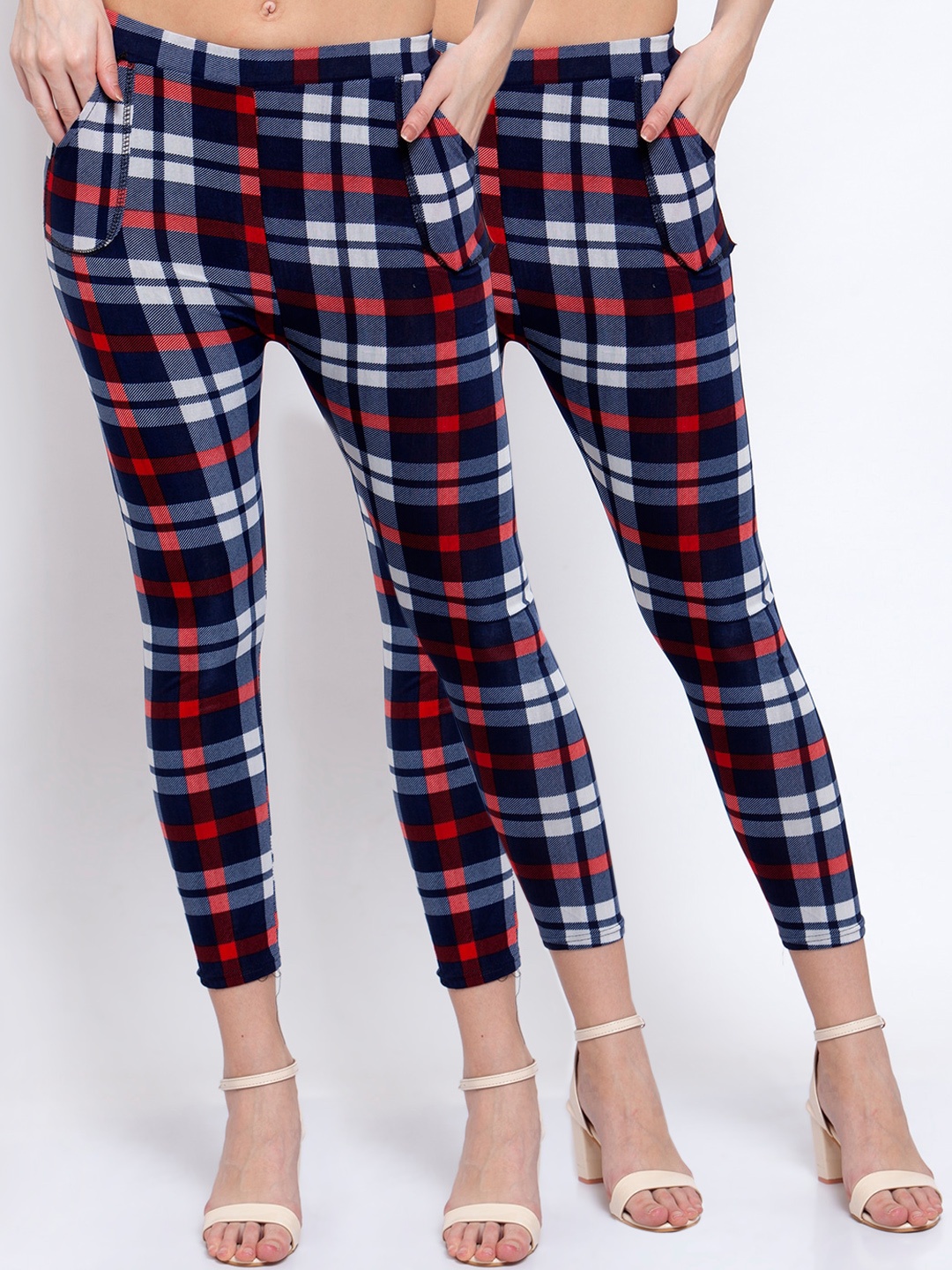 KLOTTHE Women Pack Of 2 Red & White Checked Ankle-Length Leggings